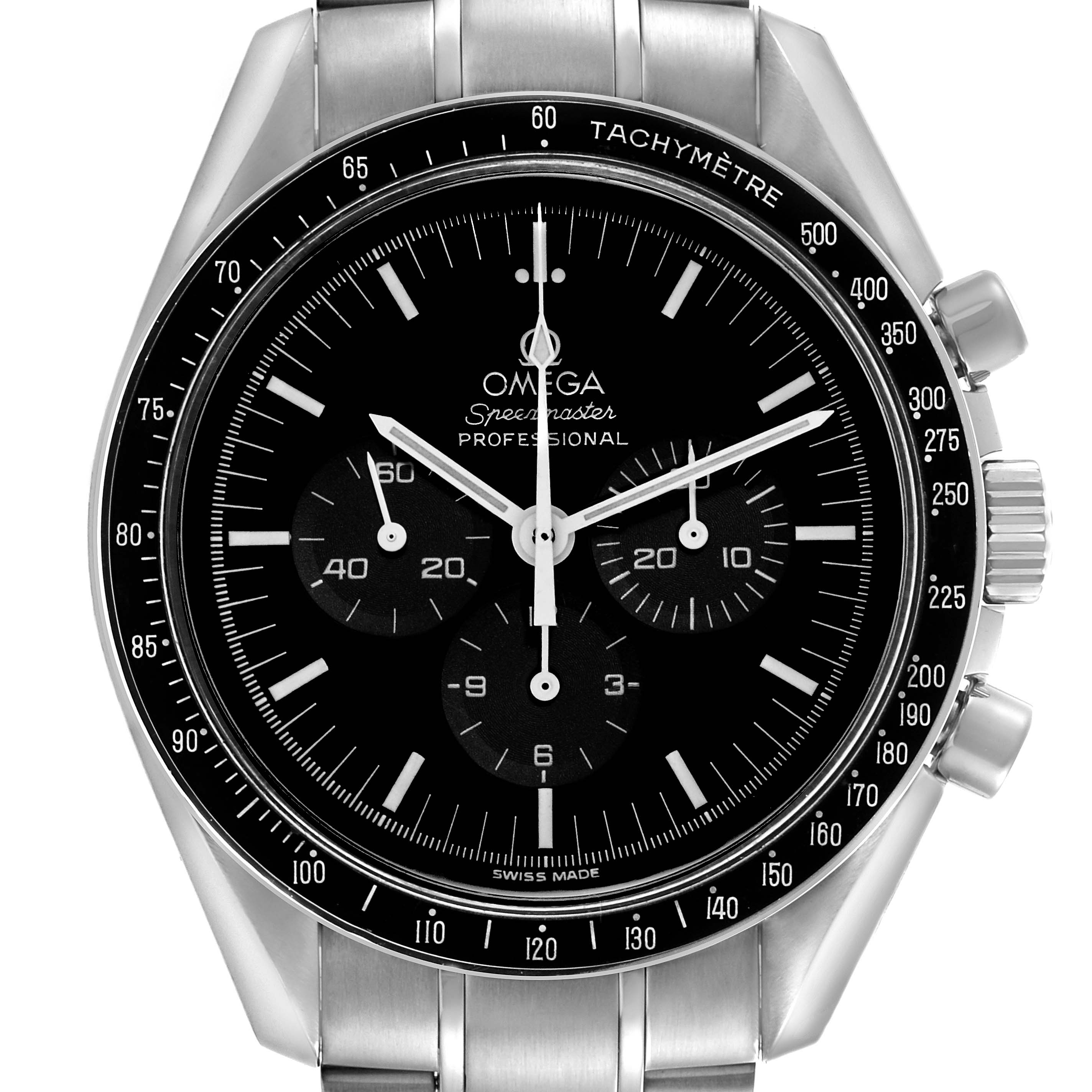 The Omega Speedmaster 3570.50.00 Men's Stainless Steel Black Dial 3570.50.00 Men's Stainless Steel Black Dial watch is shown from the front, displaying its dial, bezel, tachymeter scale, and pushers.