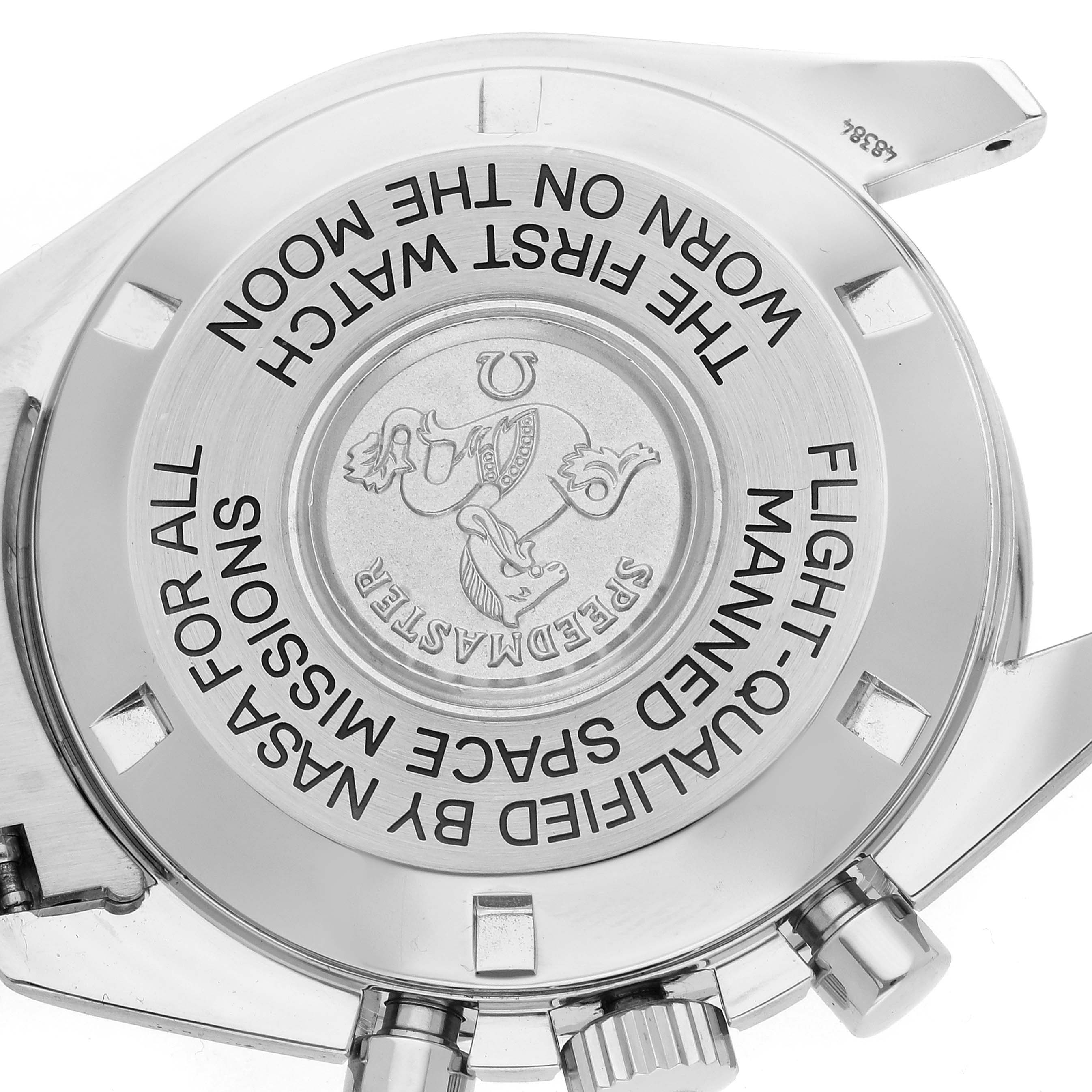 The image shows the case back of the Omega Speedmaster 3570.50.00 Men's Stainless Steel Black Dial 3570.50.00 Men's Stainless Steel Black Dial, featuring engraved text and emblem at an angled view.