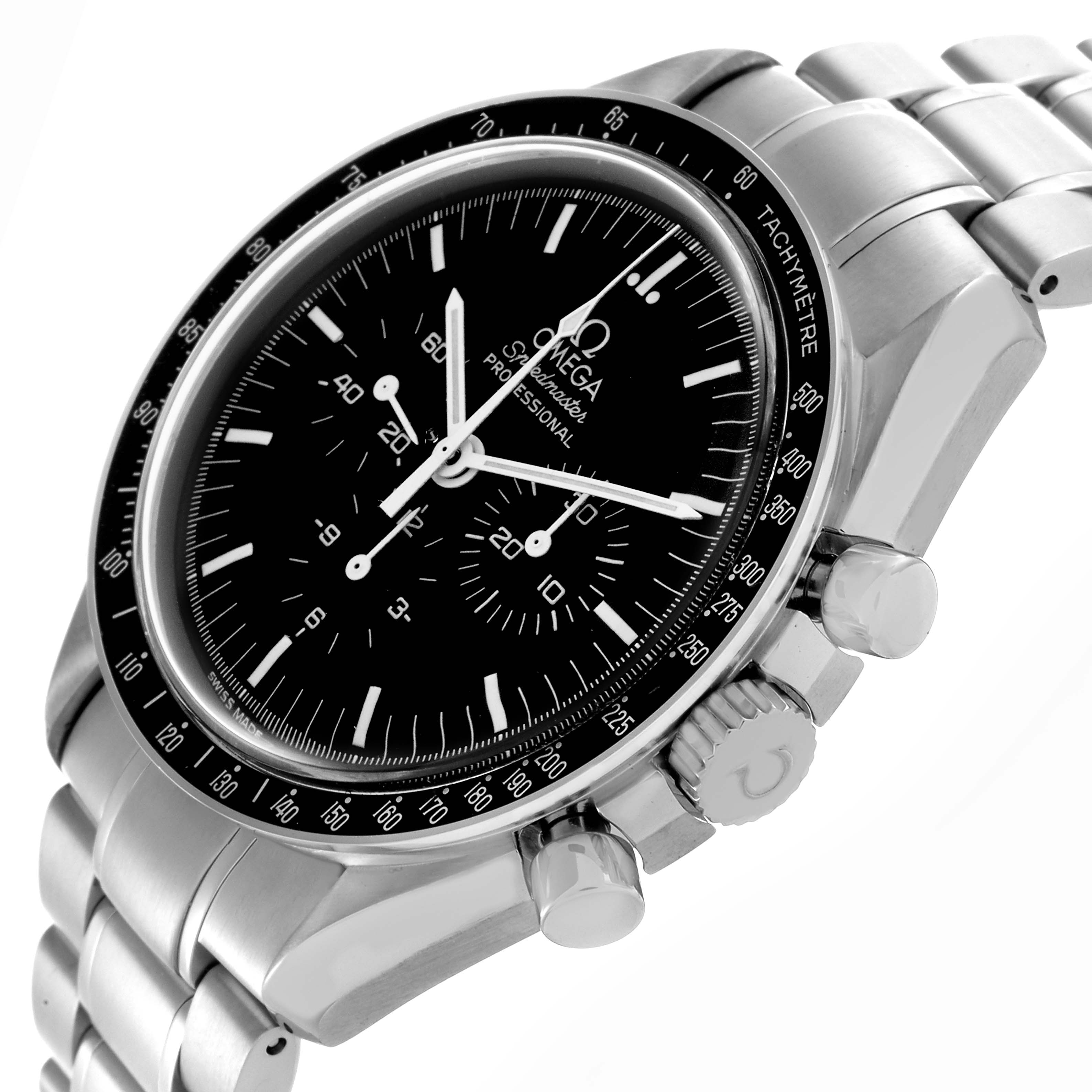 The Omega Speedmaster 3570.50.00 Men's Stainless Steel Black Dial 3570.50.00 Men's Stainless Steel Black Dial watch is shown at an angled view, highlighting the dial, bezel, crown, pushers, and metal bracelet.
