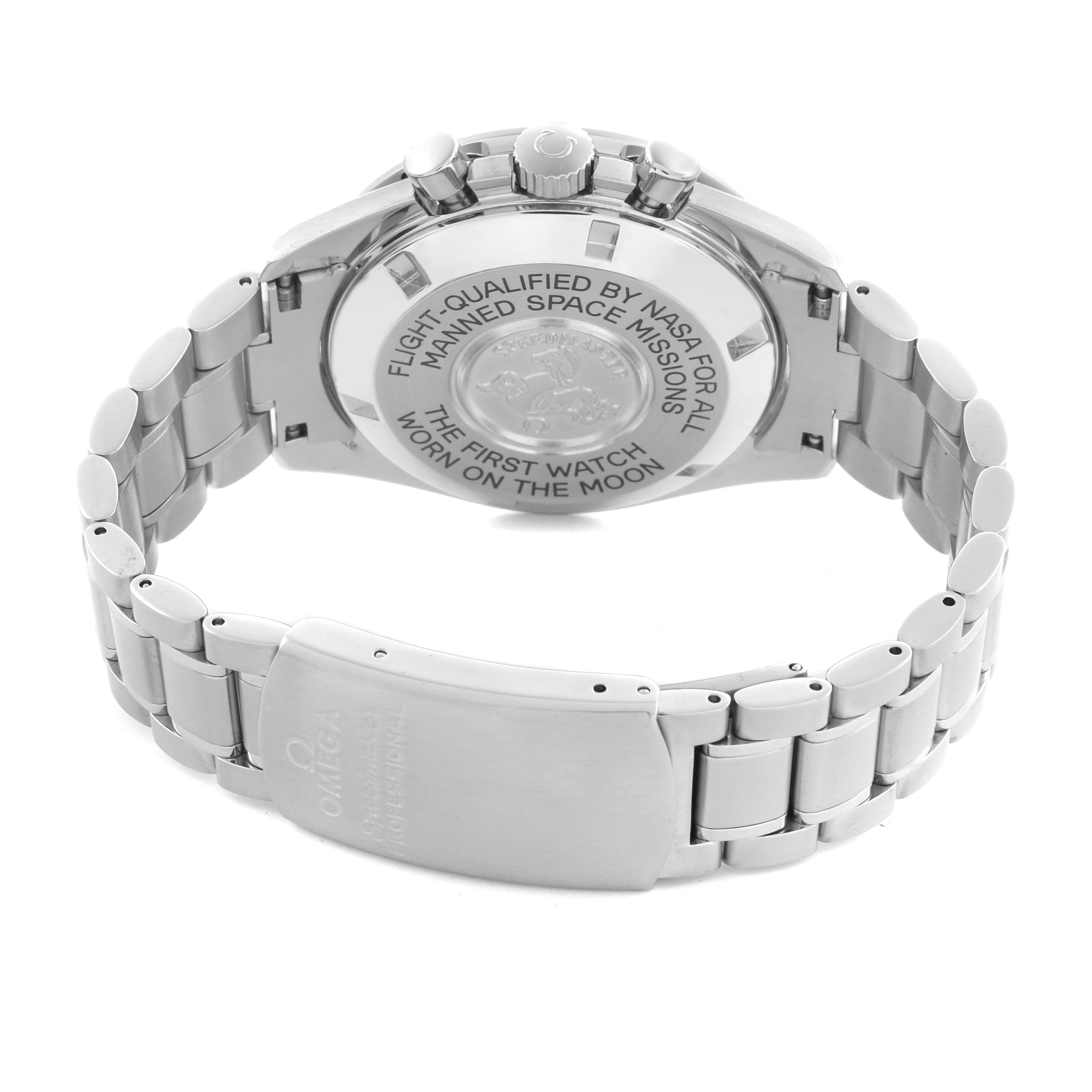 The image shows the back case of an Omega Speedmaster 3570.50.00 Men's Stainless Steel Black Dial 3570.50.00 Men's Stainless Steel Black Dial watch, displaying its engraving and metal bracelet from a rear angle.