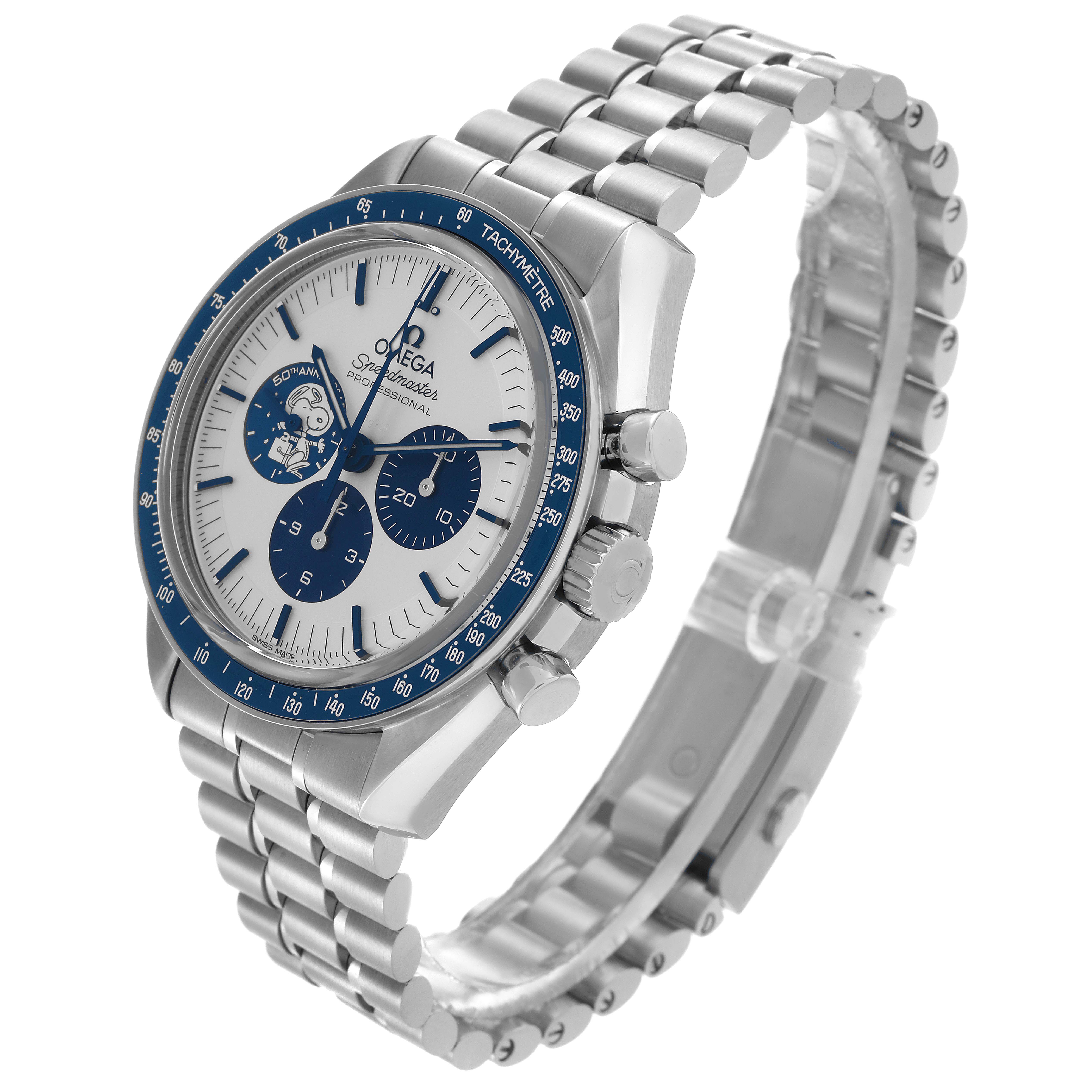 The Omega Speedmaster 310.32.42.50.02.001 Men's Stainless Steel Silver Dial 310.32.42.50.02.001 Men's Stainless Steel Silver Dial watch is shown at a three-quarter angle, highlighting the face, bezel, crown, and bracelet.