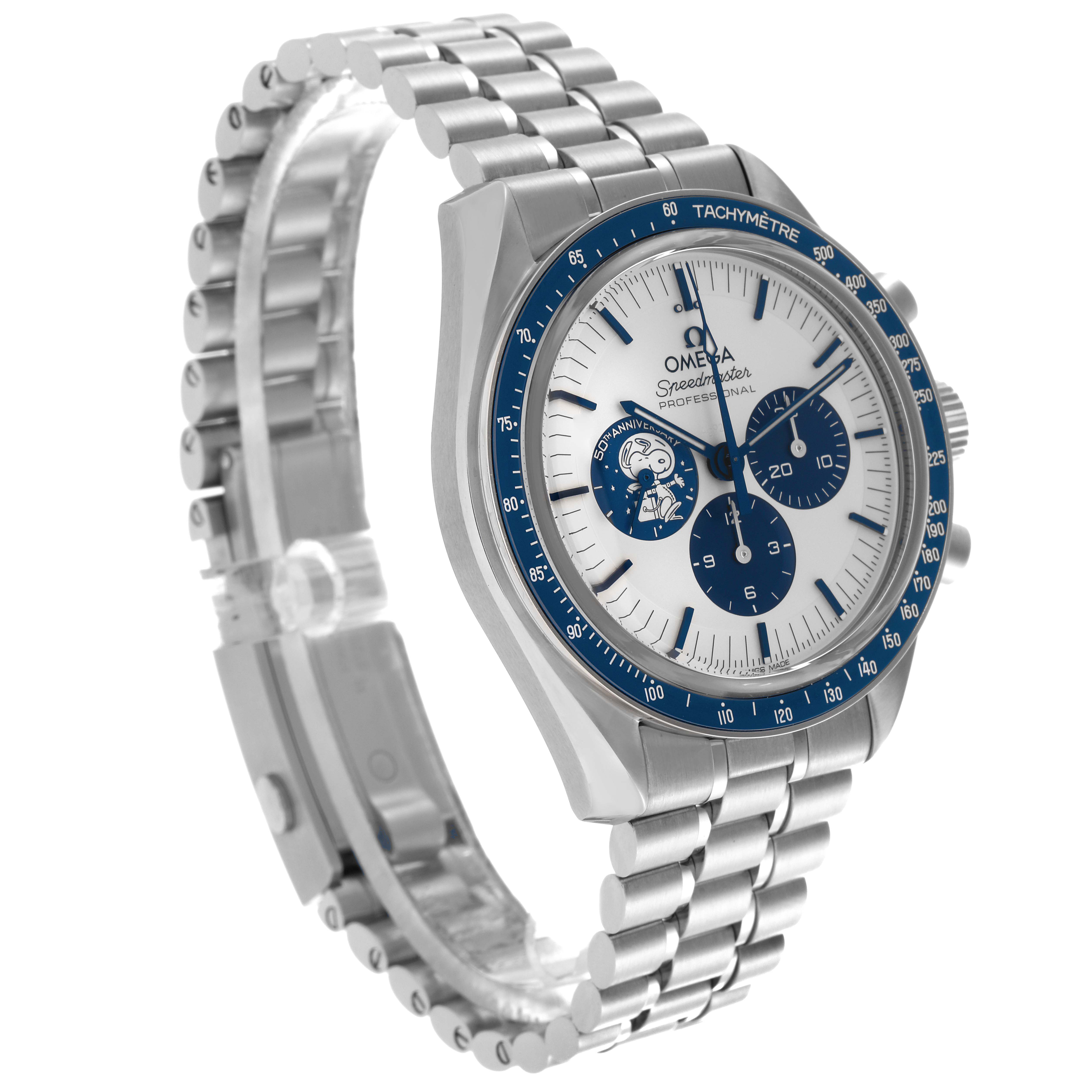 The Omega Speedmaster 310.32.42.50.02.001 Men's Stainless Steel Silver Dial 310.32.42.50.02.001 Men's Stainless Steel Silver Dial watch is shown at a three-quarter angle, displaying the face, bezel, and metal bracelet.