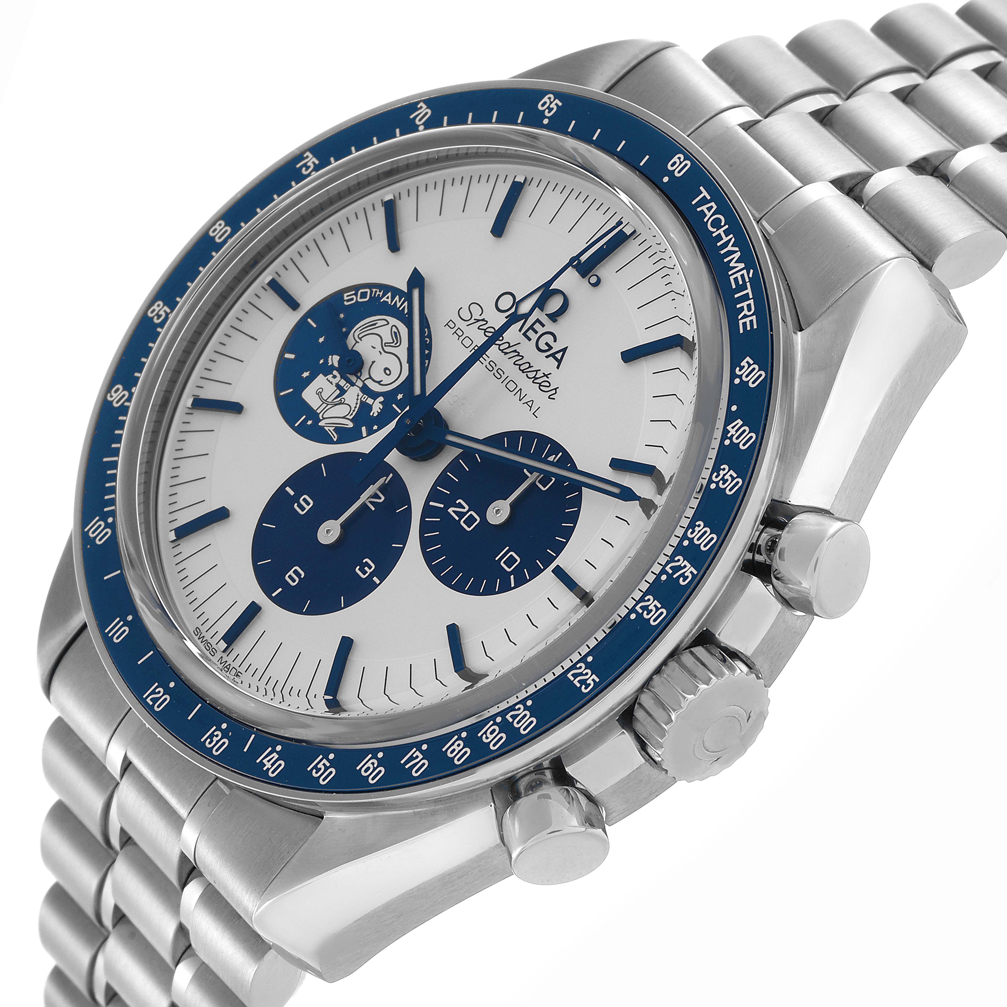 The Omega Speedmaster 310.32.42.50.02.001 Men's Stainless Steel Silver Dial 310.32.42.50.02.001 Men's Stainless Steel Silver Dial watch is displayed at an angled view, showcasing the dial, bezel, crown, and bracelet links.