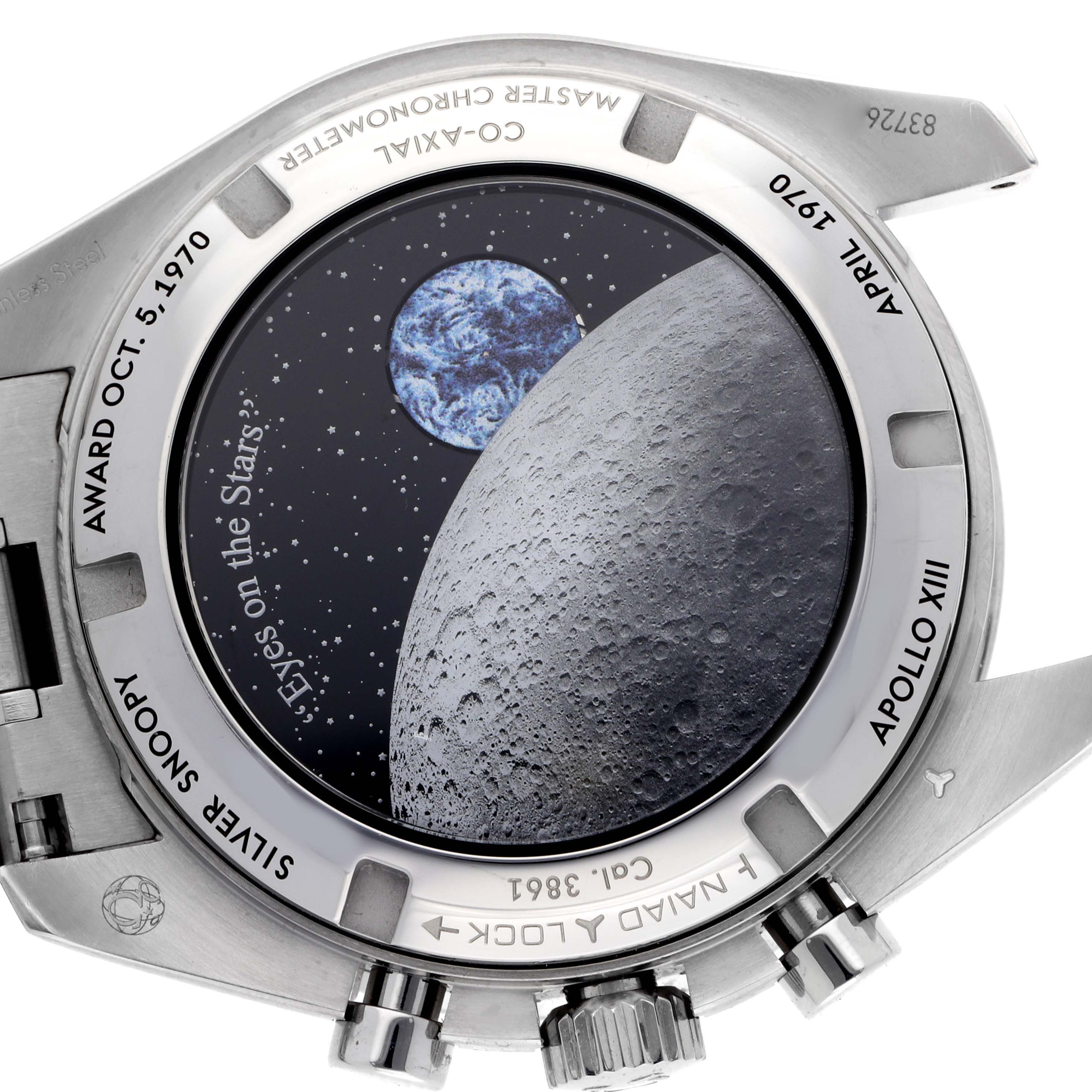 The Omega Speedmaster 310.32.42.50.02.001 Men's Stainless Steel Silver Dial 310.32.42.50.02.001 Men's Stainless Steel Silver Dial is shown from the back, highlighting the case back with an engraved design featuring "Apollo XIII."