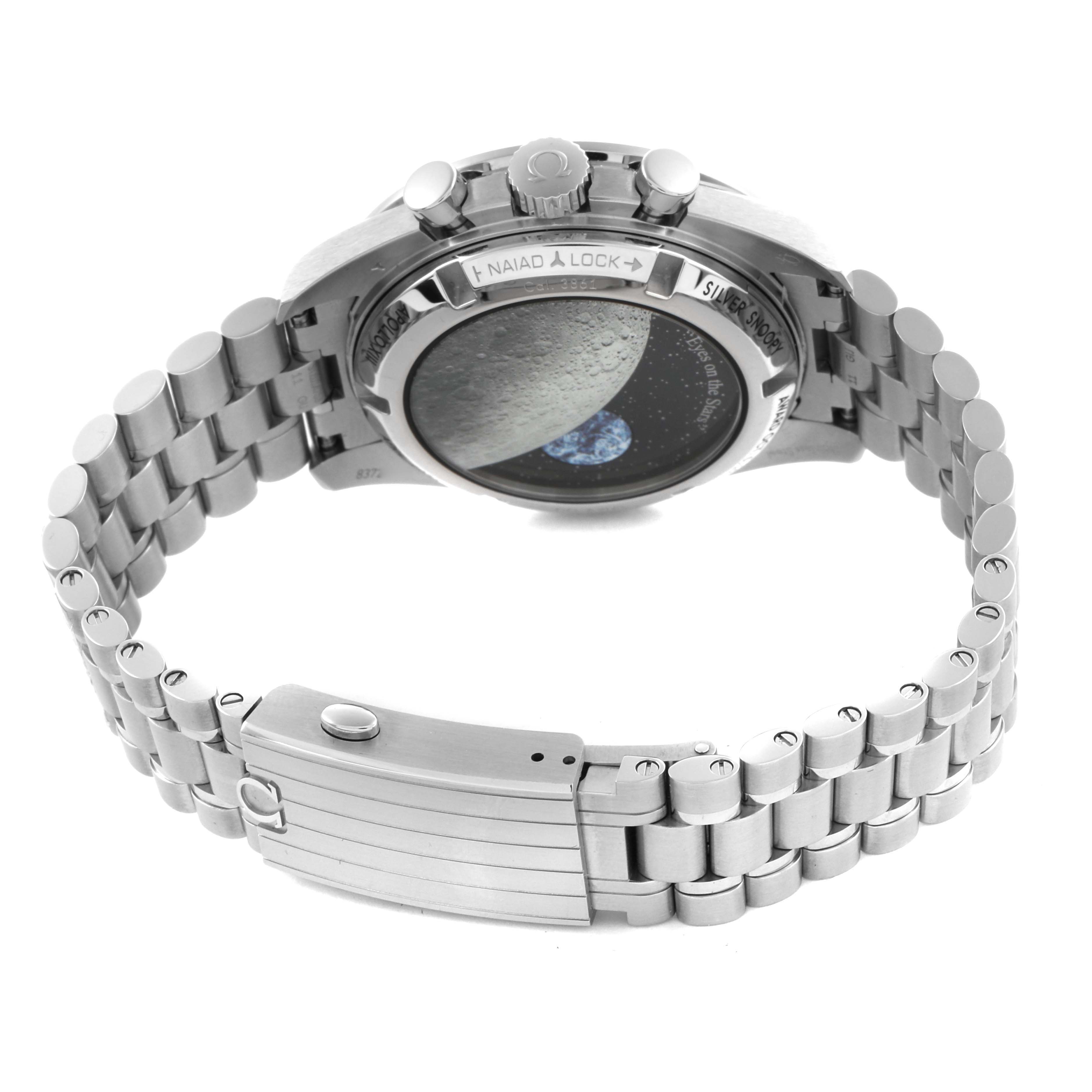 The image shows the Omega Speedmaster 310.32.42.50.02.001 Men's Stainless Steel Silver Dial 310.32.42.50.02.001 Men's Stainless Steel Silver Dial from the back, highlighting the case back and the stainless steel bracelet.