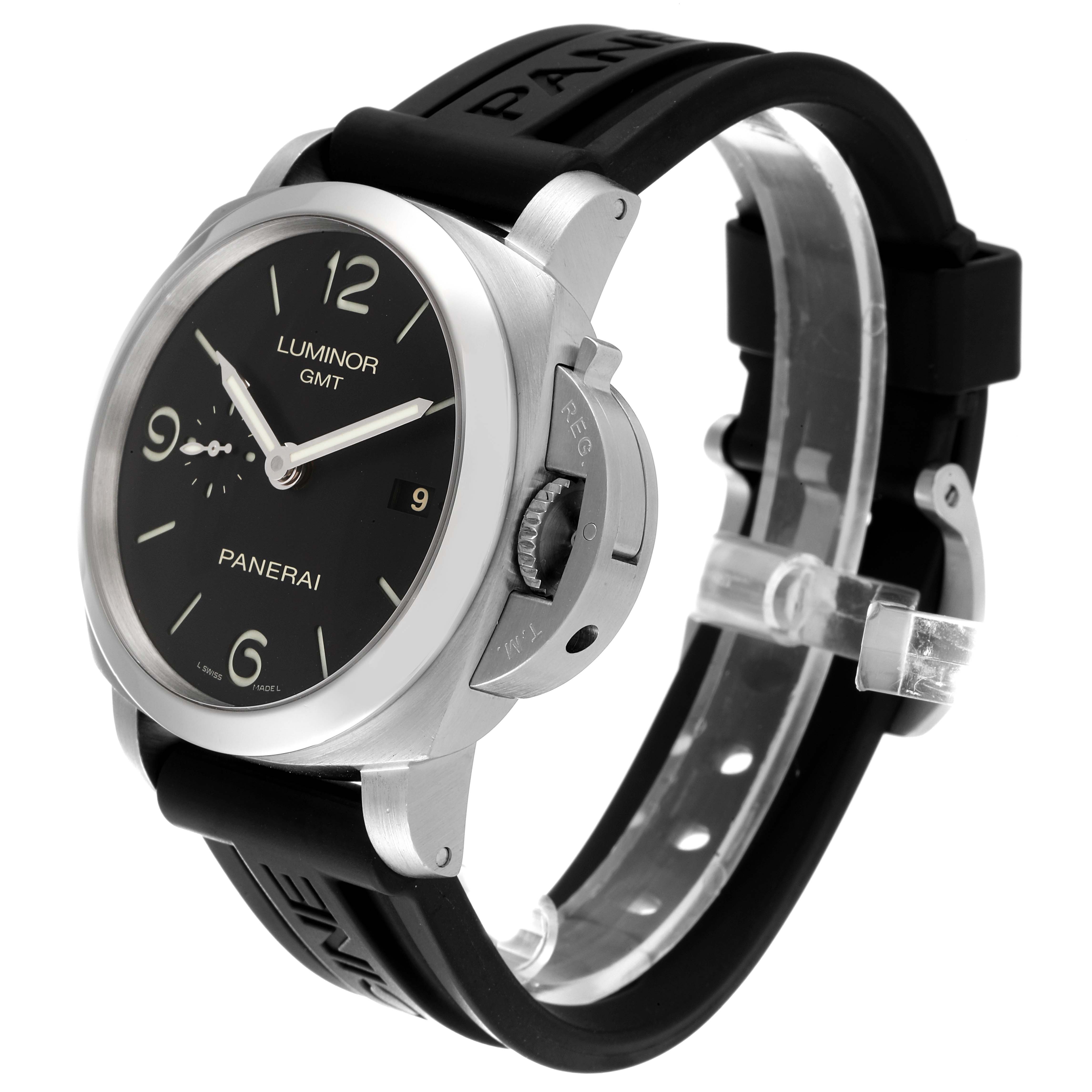 The image shows a Panerai Luminor PAM00320 Men
s Stainless Steel Black Dial PAM00320 Men
s Stainless Steel Black Dial watch angled from the front-right, displaying its face, crown guard, and black strap.