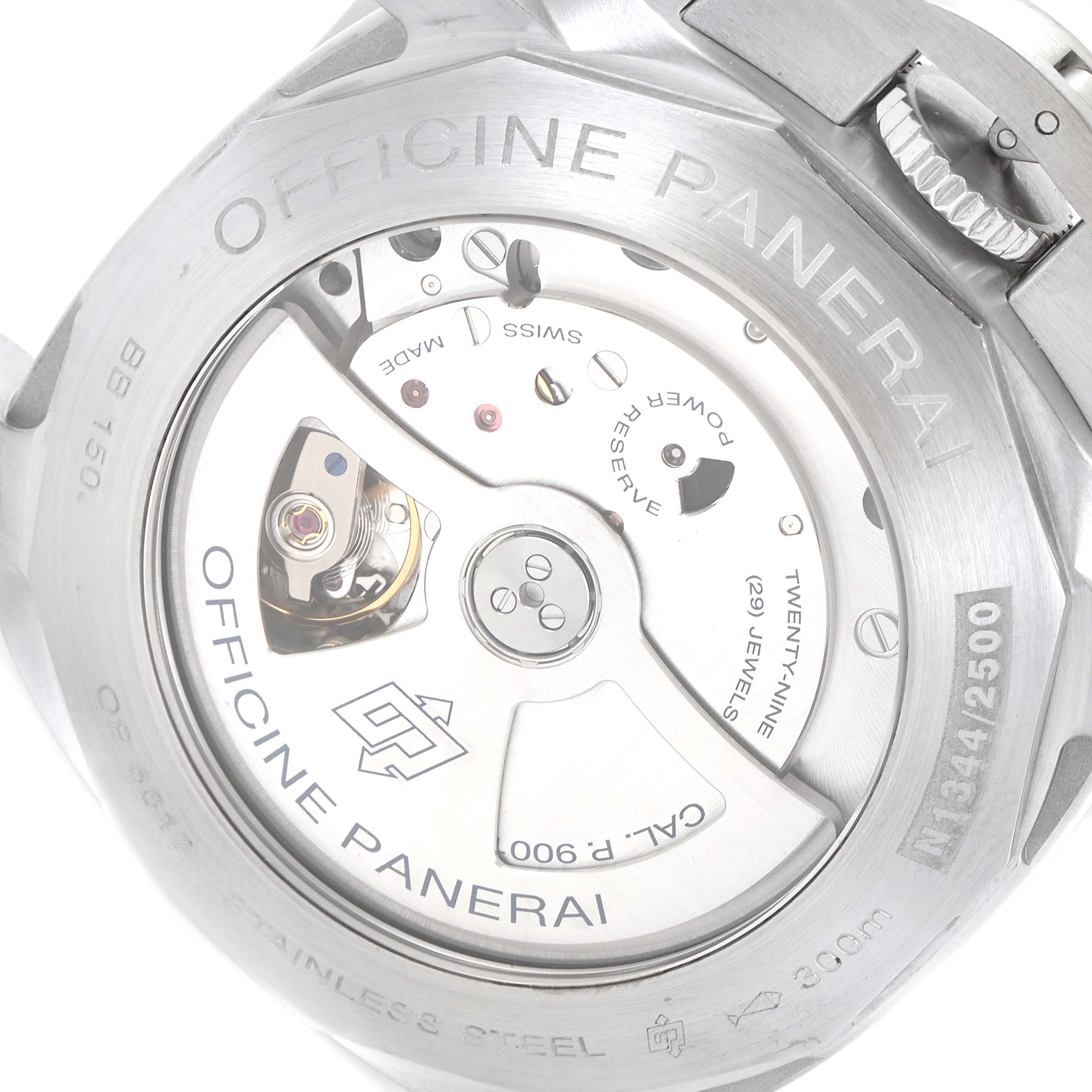 This image shows the open case back of a Panerai Luminor PAM00320 Men
s Stainless Steel Black Dial PAM00320 Men
s Stainless Steel Black Dial watch, displaying the intricate inner mechanical movement.