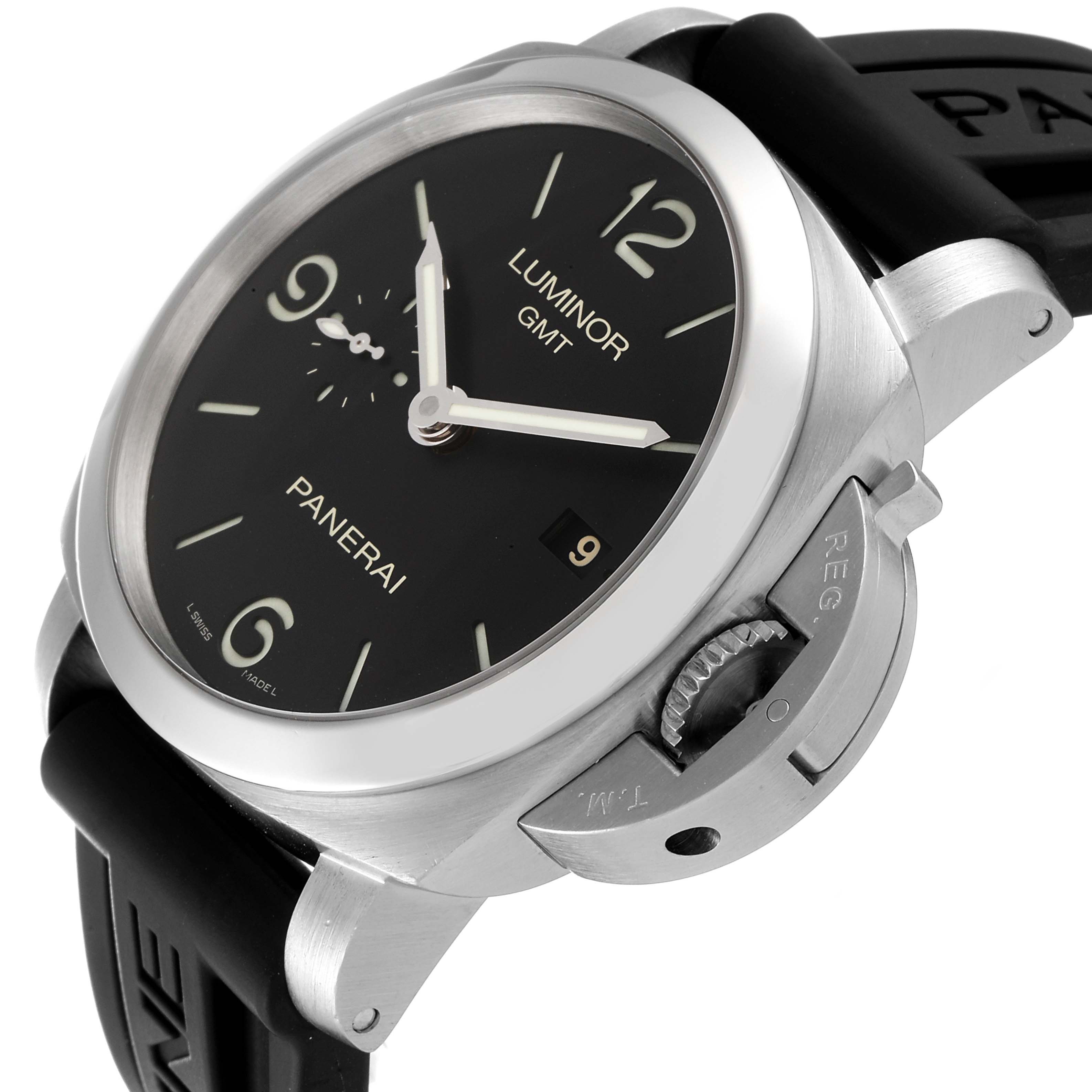 The Luminor GMT by Panerai is shown from a front-side angle, highlighting the dial, bezel, and crown guard.
