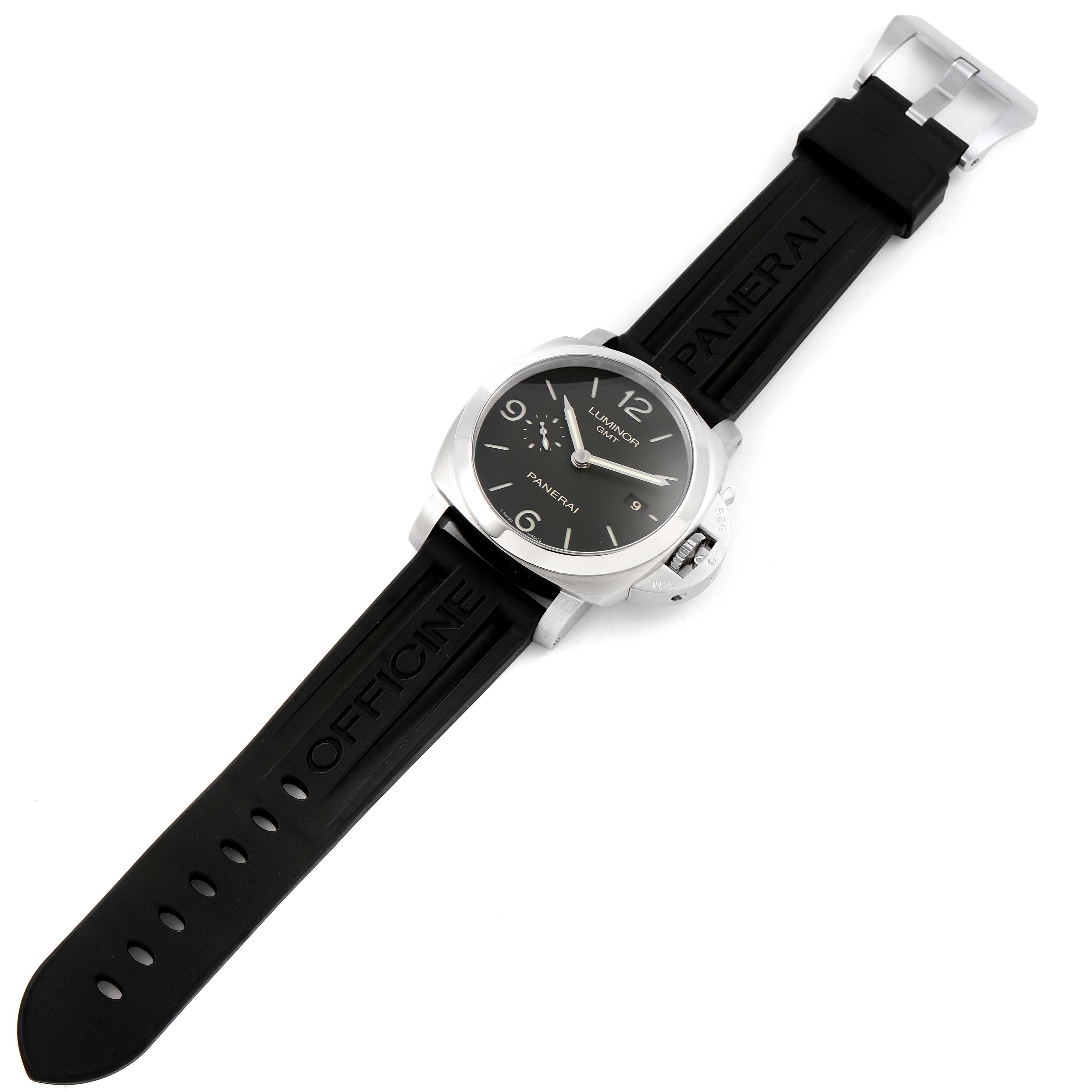 The image shows a full view of the Panerai Luminor PAM00320 Men
s Stainless Steel Black Dial PAM00320 Men
s Stainless Steel Black Dial watch, showcasing its black dial, rubber strap, and silver case.