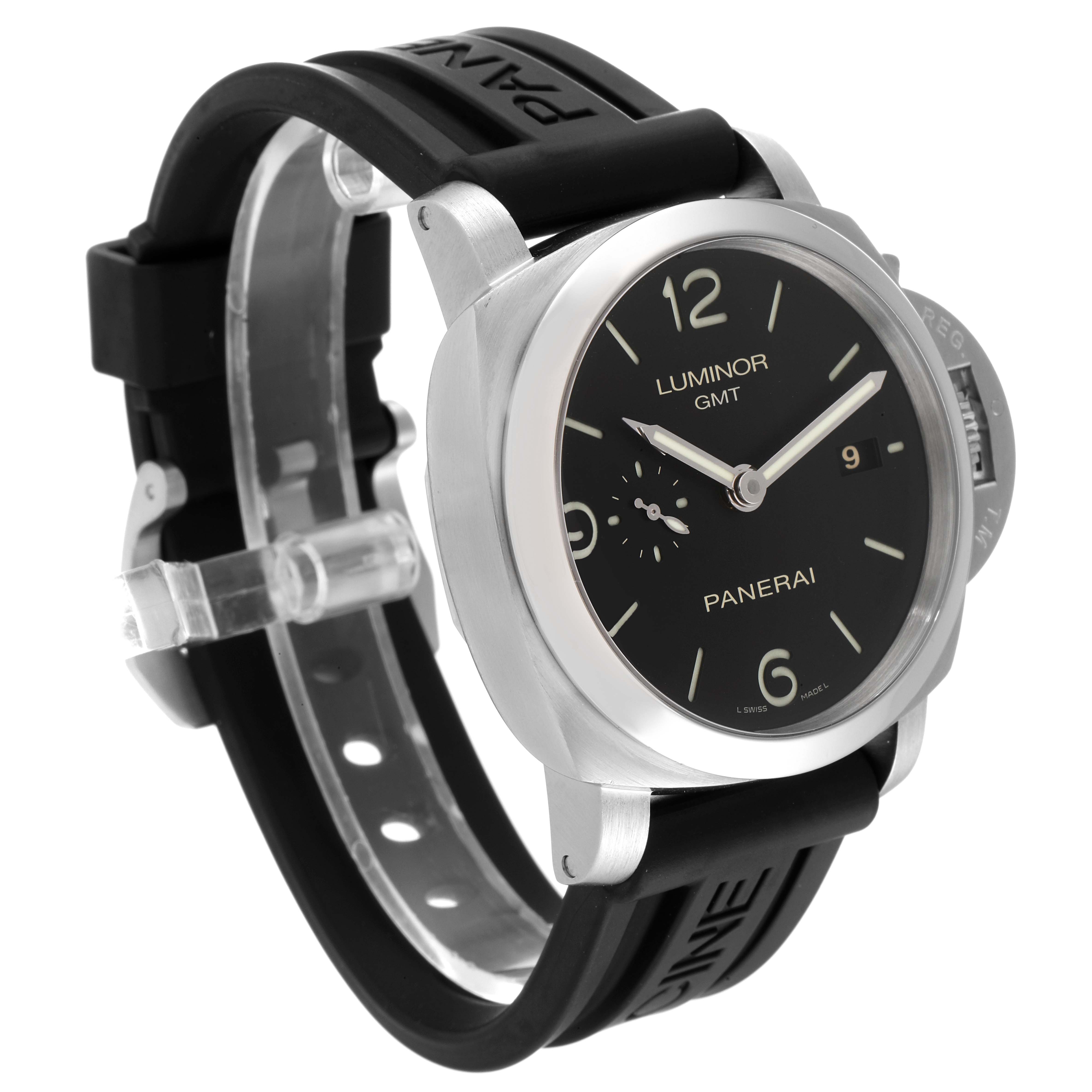 The Panerai Luminor PAM00320 Men
s Stainless Steel Black Dial PAM00320 Men
s Stainless Steel Black Dial GMT watch is shown at a three-quarter angle, highlighting its black dial, casing, and rubber strap.