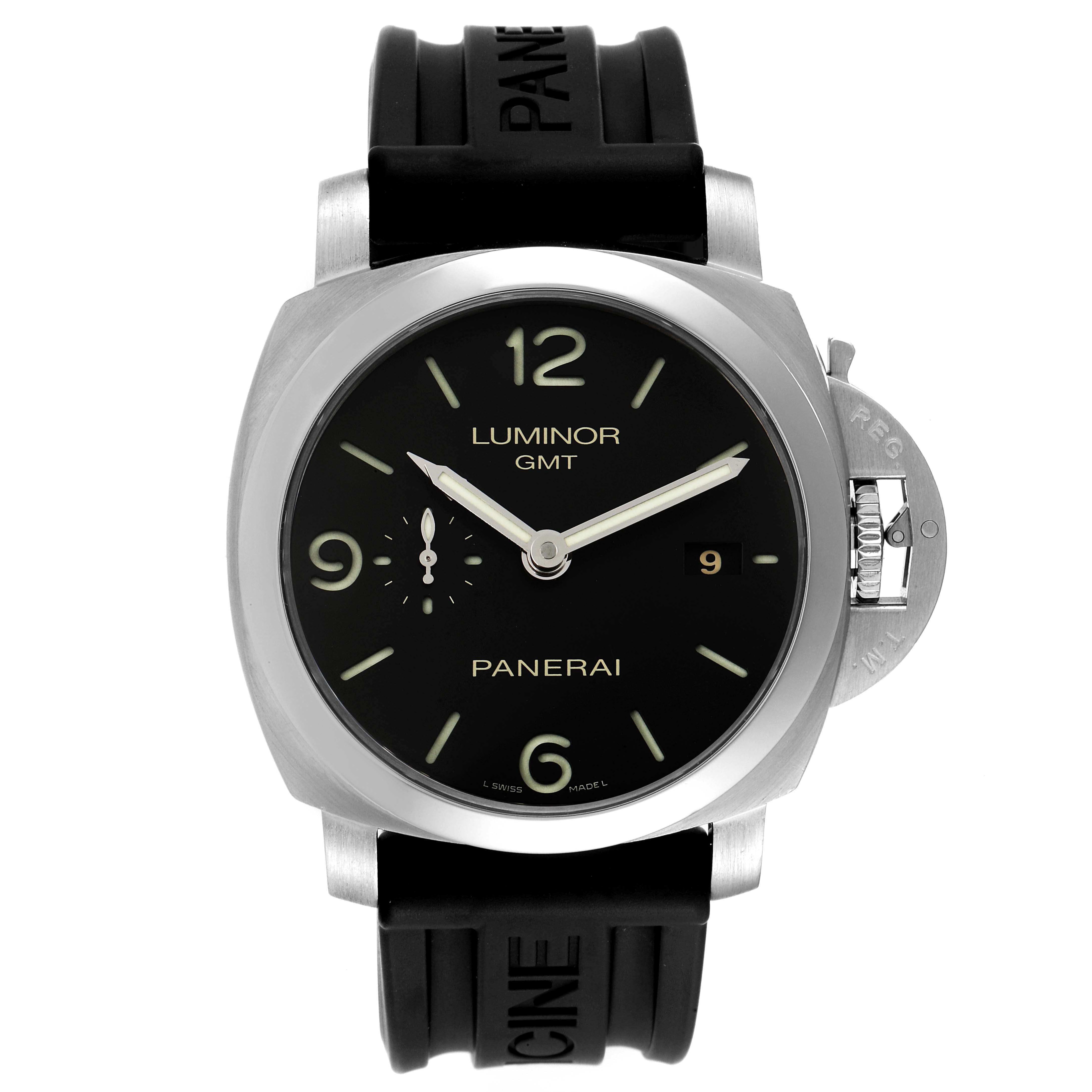 The image shows a front view of a Panerai Luminor PAM00320 Men
s Stainless Steel Black Dial PAM00320 Men
s Stainless Steel Black Dial watch with a black dial, rubber strap, and visible crown guard.