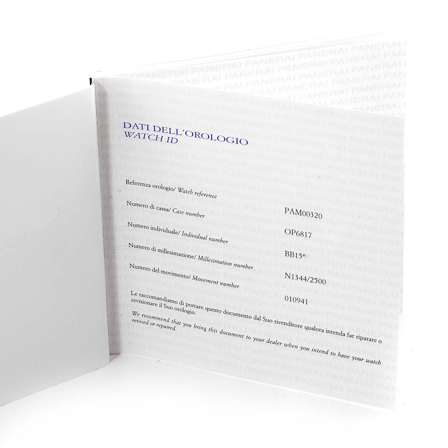 This image shows an open warranty card or booklet for a Panerai Luminor PAM00320 Men
s Stainless Steel Black Dial PAM00320 Men
s Stainless Steel Black Dial model.