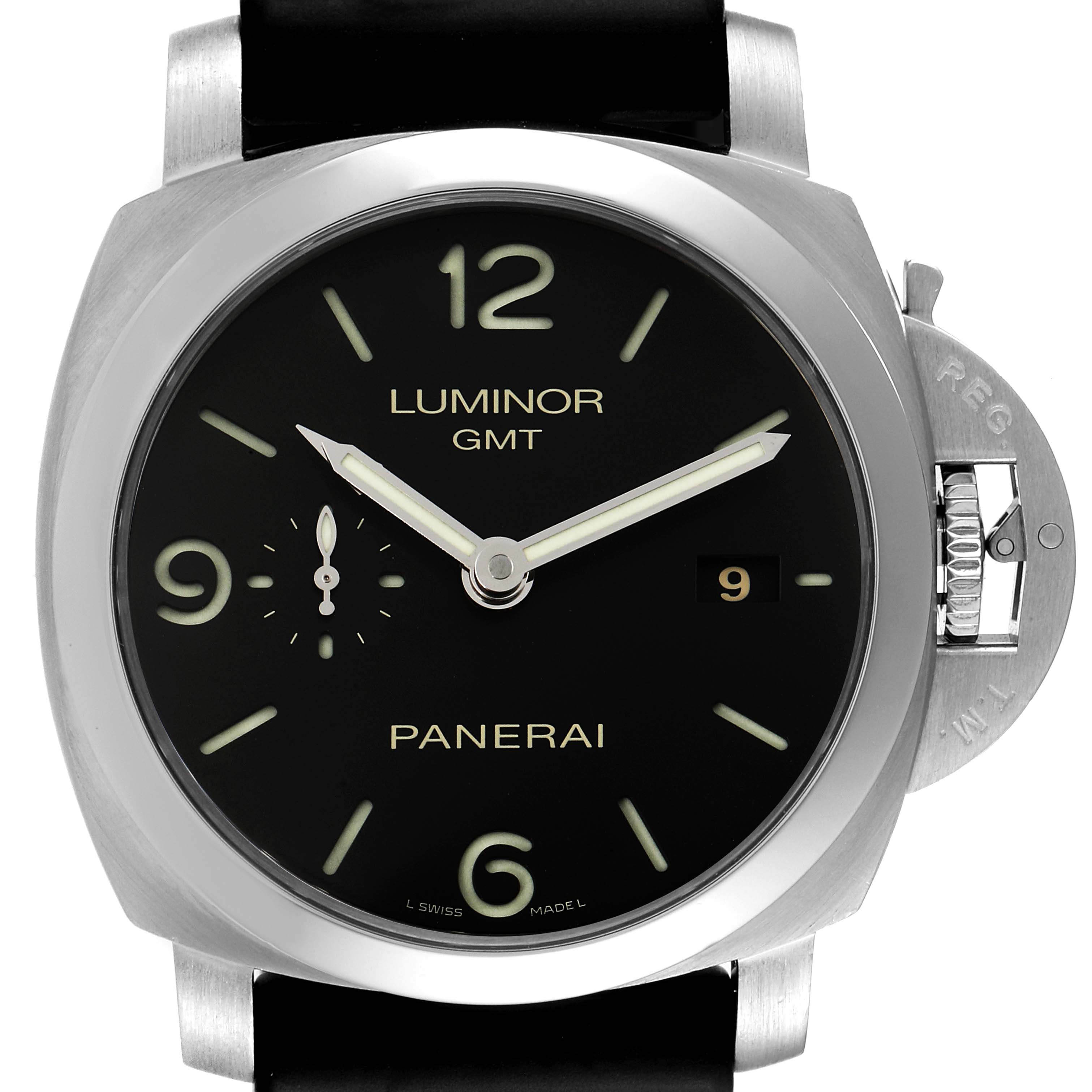 The image shows a front view of a Panerai Luminor PAM00320 Men
s Stainless Steel Black Dial PAM00320 Men
s Stainless Steel Black Dial GMT watch featuring its black dial, luminescent markers, and date window.