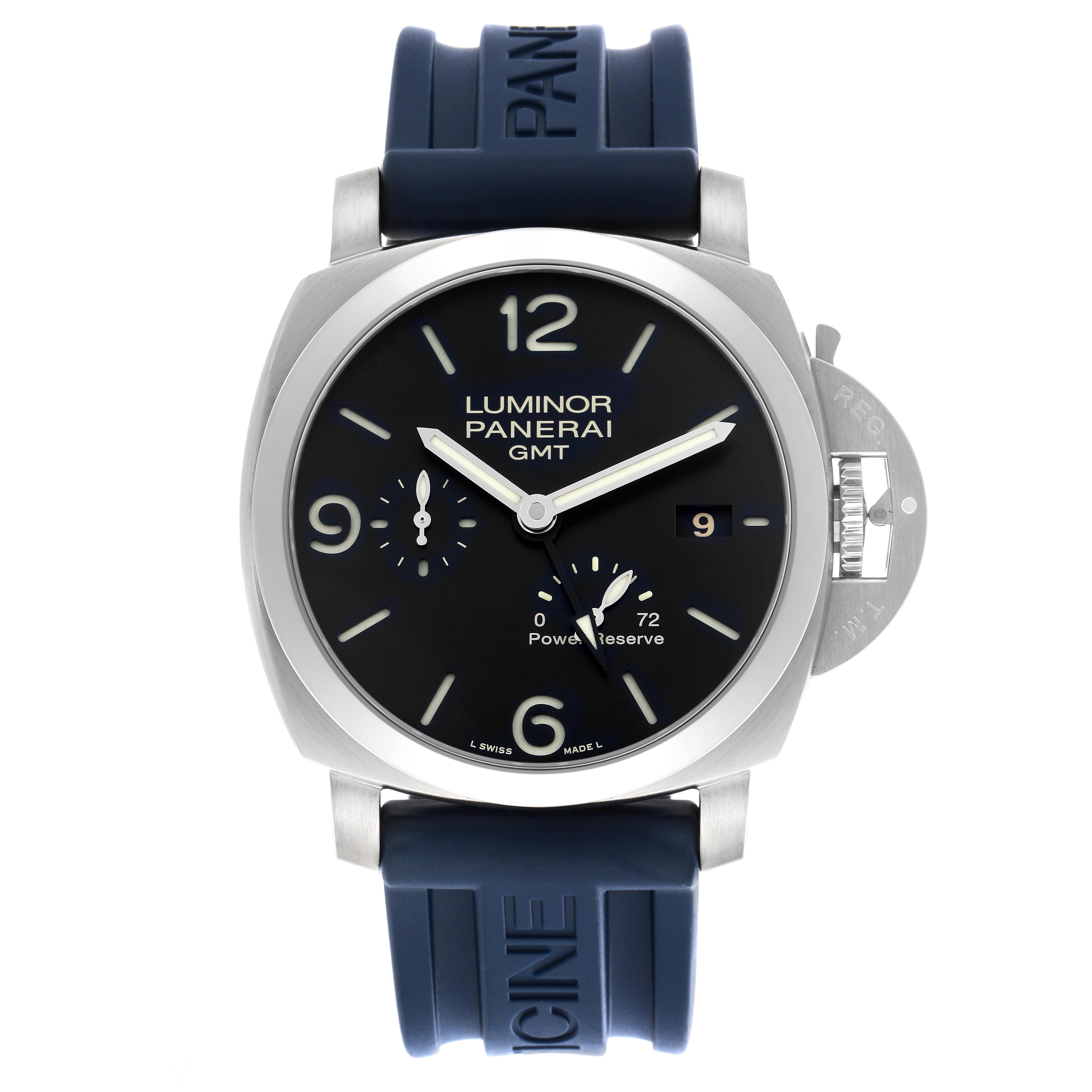 The Panerai Luminor PAM00321 Men's Stainless Steel Black Dial PAM00321 Men's Stainless Steel Black Dial watch is shown from the front, displaying the dial, crown guard, and strap.