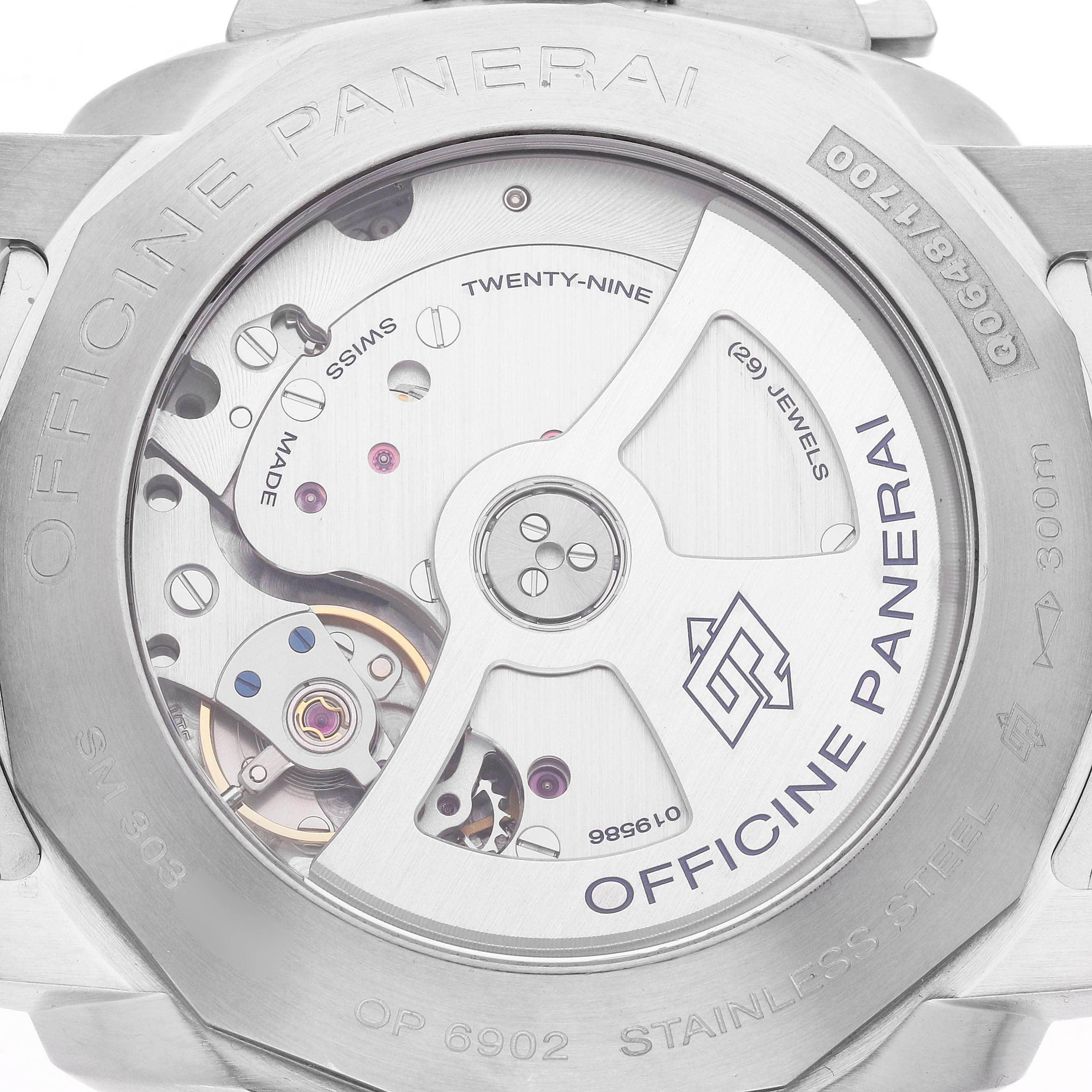 The image shows the back view of a Panerai Luminor PAM00321 Men's Stainless Steel Black Dial PAM00321 Men's Stainless Steel Black Dial, revealing its mechanical movement and engraving details.