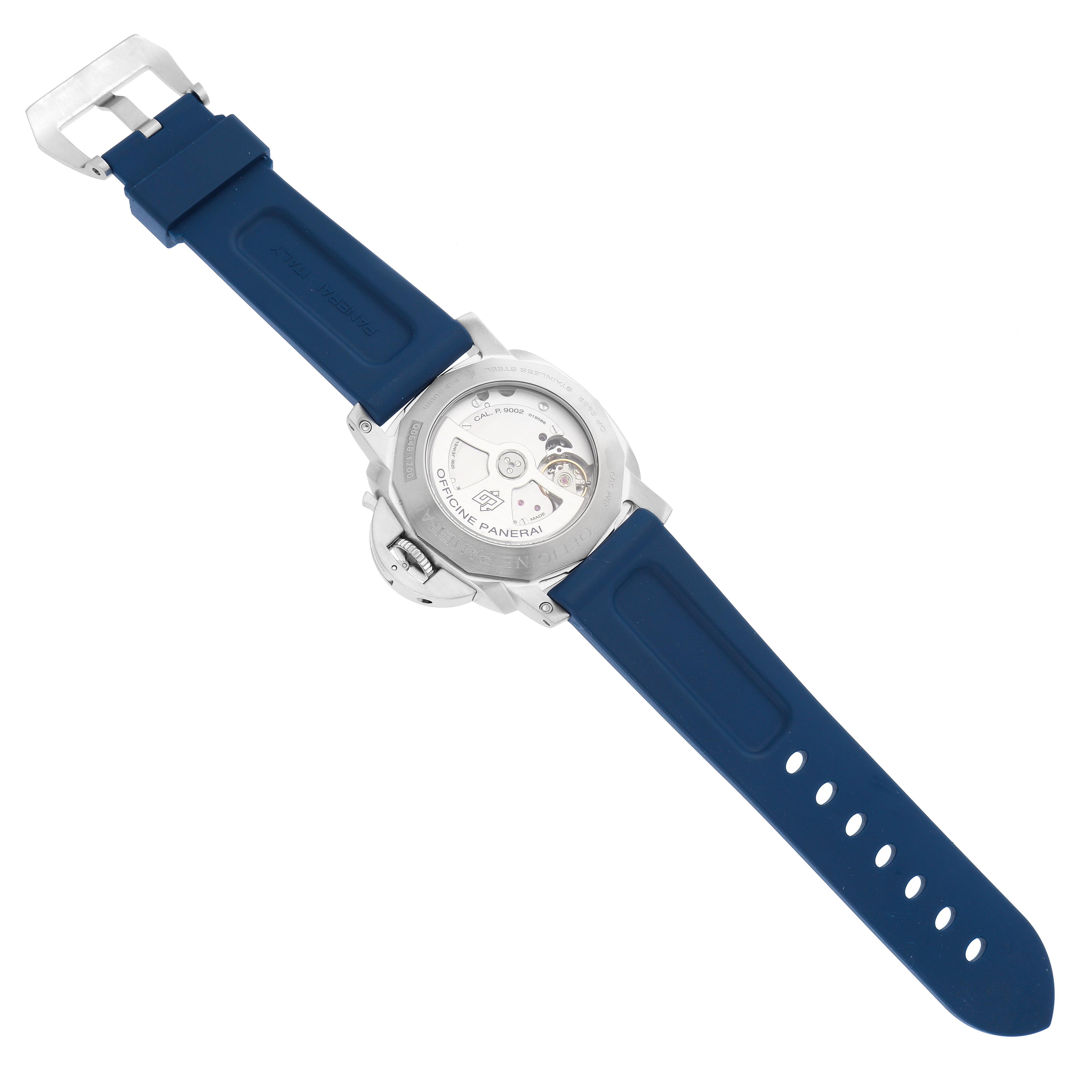 The Panerai Luminor PAM00321 Men's Stainless Steel Black Dial PAM00321 Men's Stainless Steel Black Dial watch is shown from a rear angle, highlighting its open case back and blue strap.