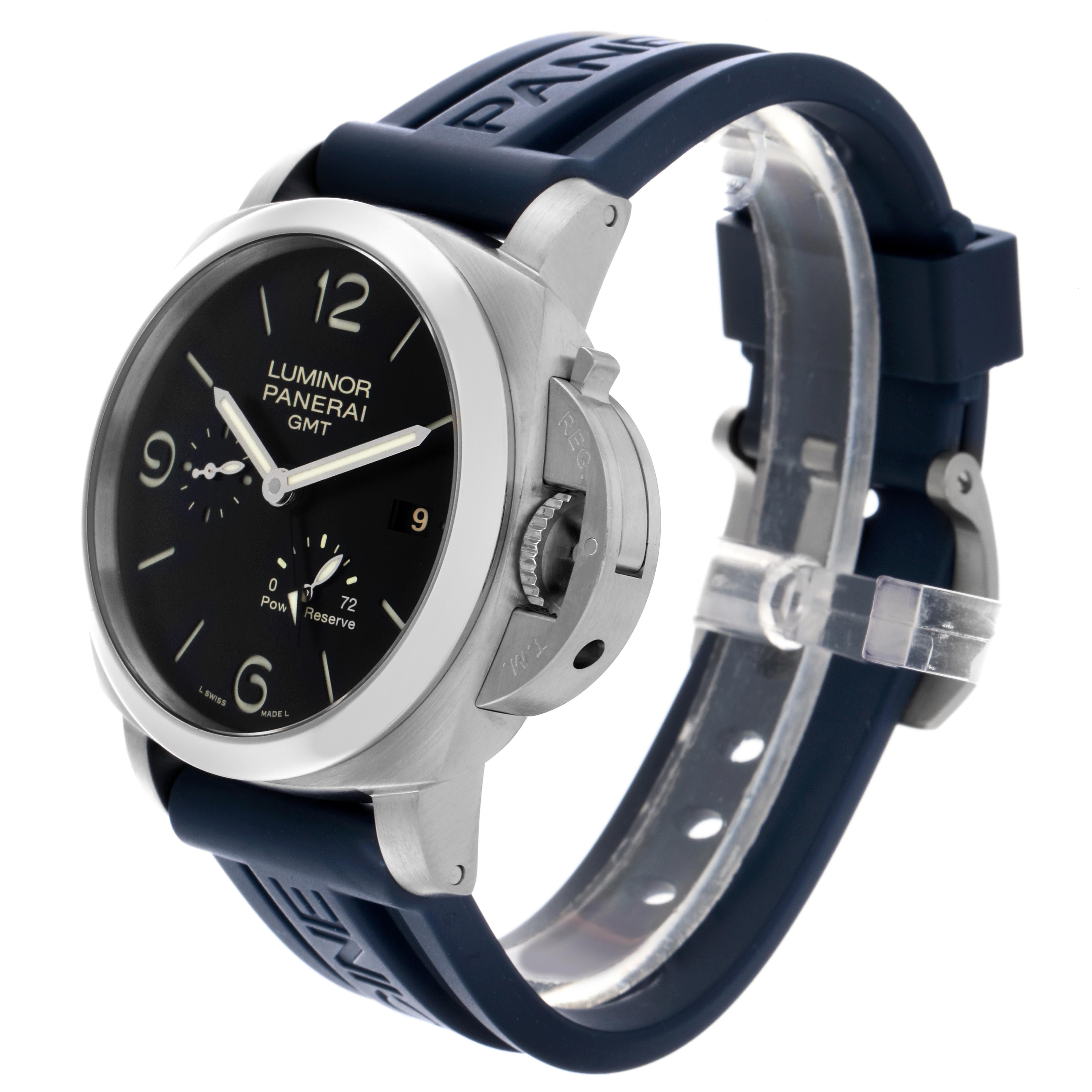 The Panerai Luminor PAM00321 Men's Stainless Steel Black Dial PAM00321 Men's Stainless Steel Black Dial watch is shown at a 3/4 angle, highlighting the dial, crown guard, and rubber strap.