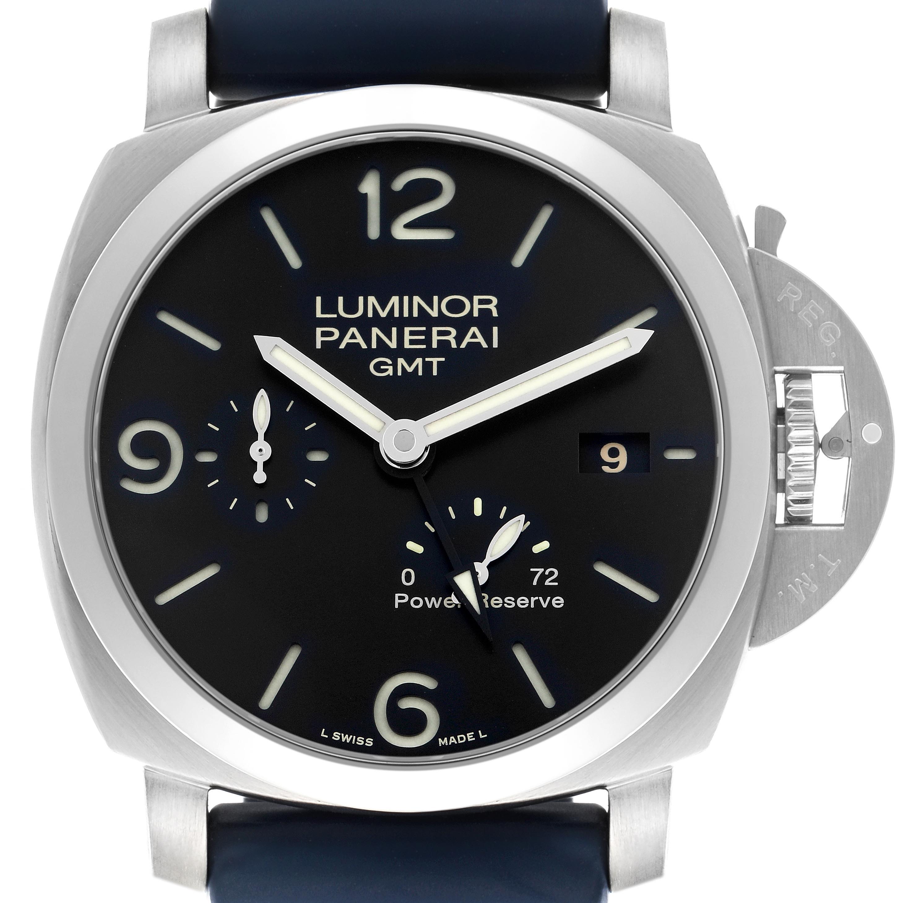 The Panerai Luminor PAM00321 Men's Stainless Steel Black Dial PAM00321 Men's Stainless Steel Black Dial watch is shown from the front, highlighting the dial, crown guard, and strap.