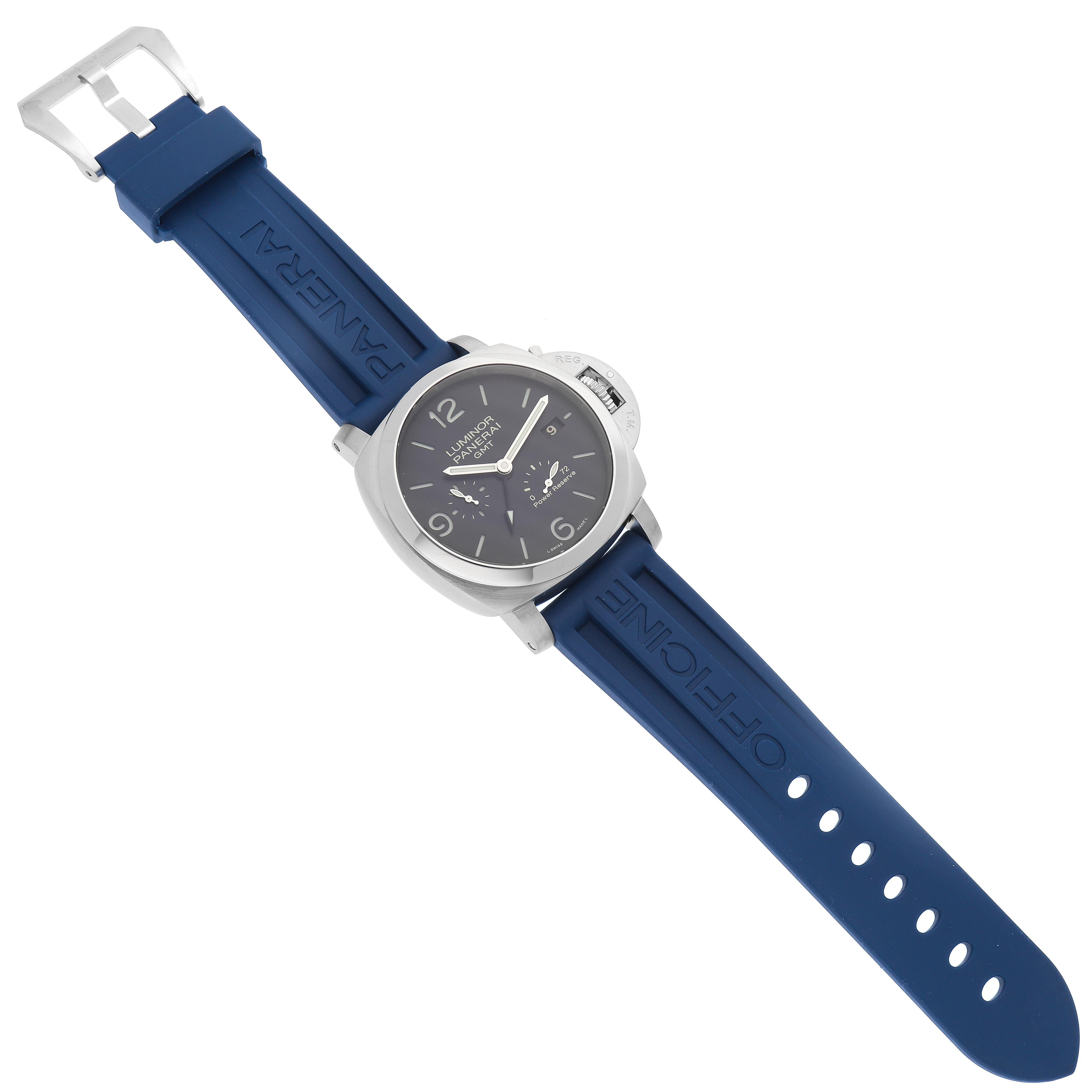 The Panerai Luminor PAM00321 Men's Stainless Steel Black Dial PAM00321 Men's Stainless Steel Black Dial watch is shown from a top angle, highlighting the dial, case, and blue rubber strap.