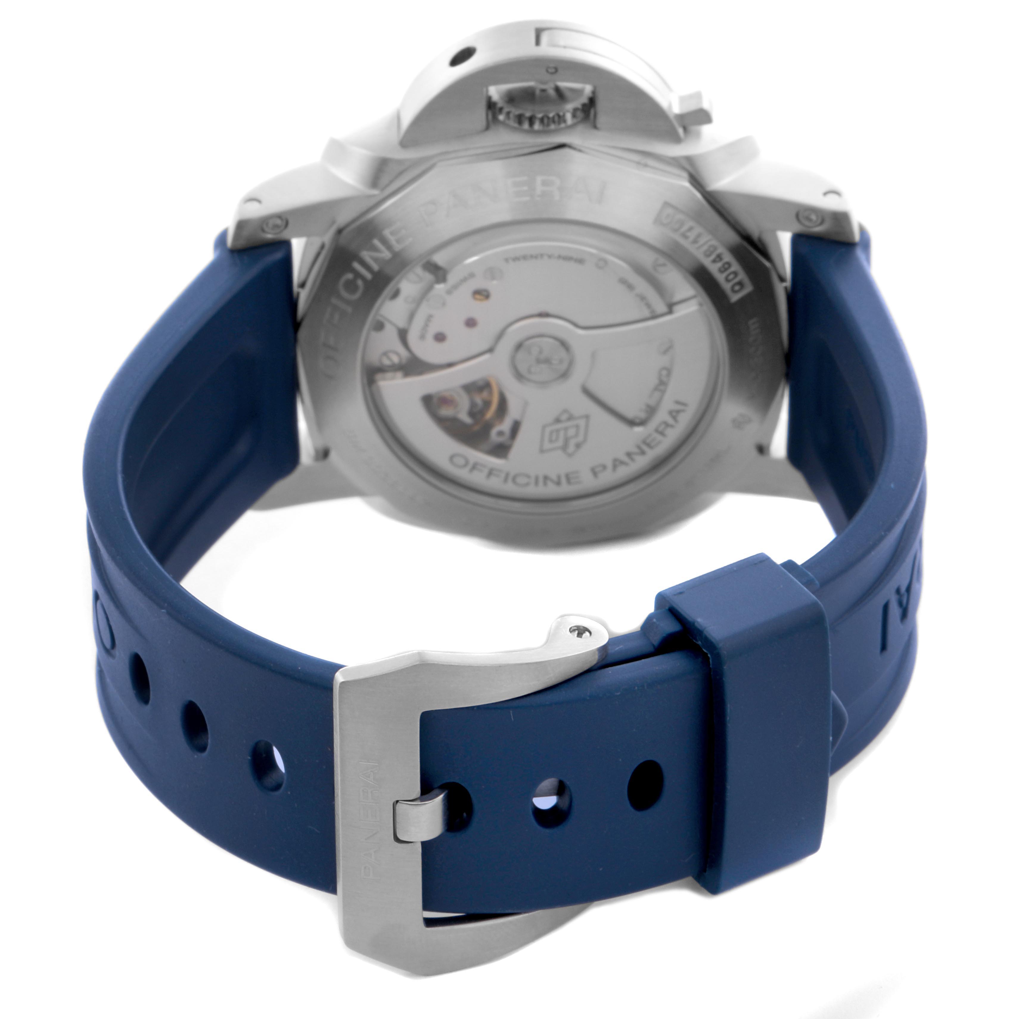The image shows the back of the Panerai Luminor PAM00321 Men's Stainless Steel Black Dial PAM00321 Men's Stainless Steel Black Dial watch, focusing on the case back and blue strap with a buckle.