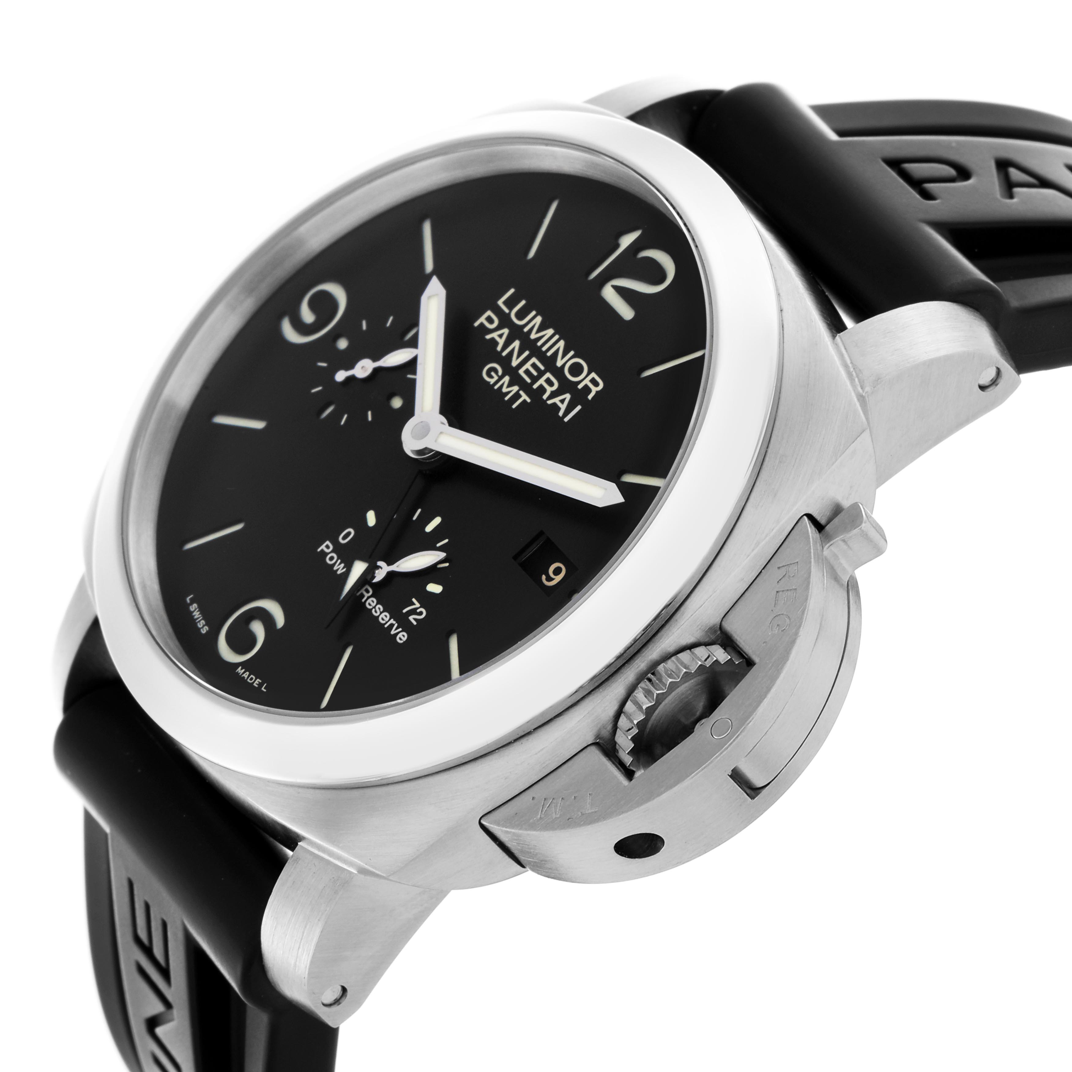 The Panerai Luminor PAM00321 Men's Stainless Steel Black Dial PAM00321 Men's Stainless Steel Black Dial watch is shown at an angle highlighting the black dial, crown guard, lugs, and strap attachment.
