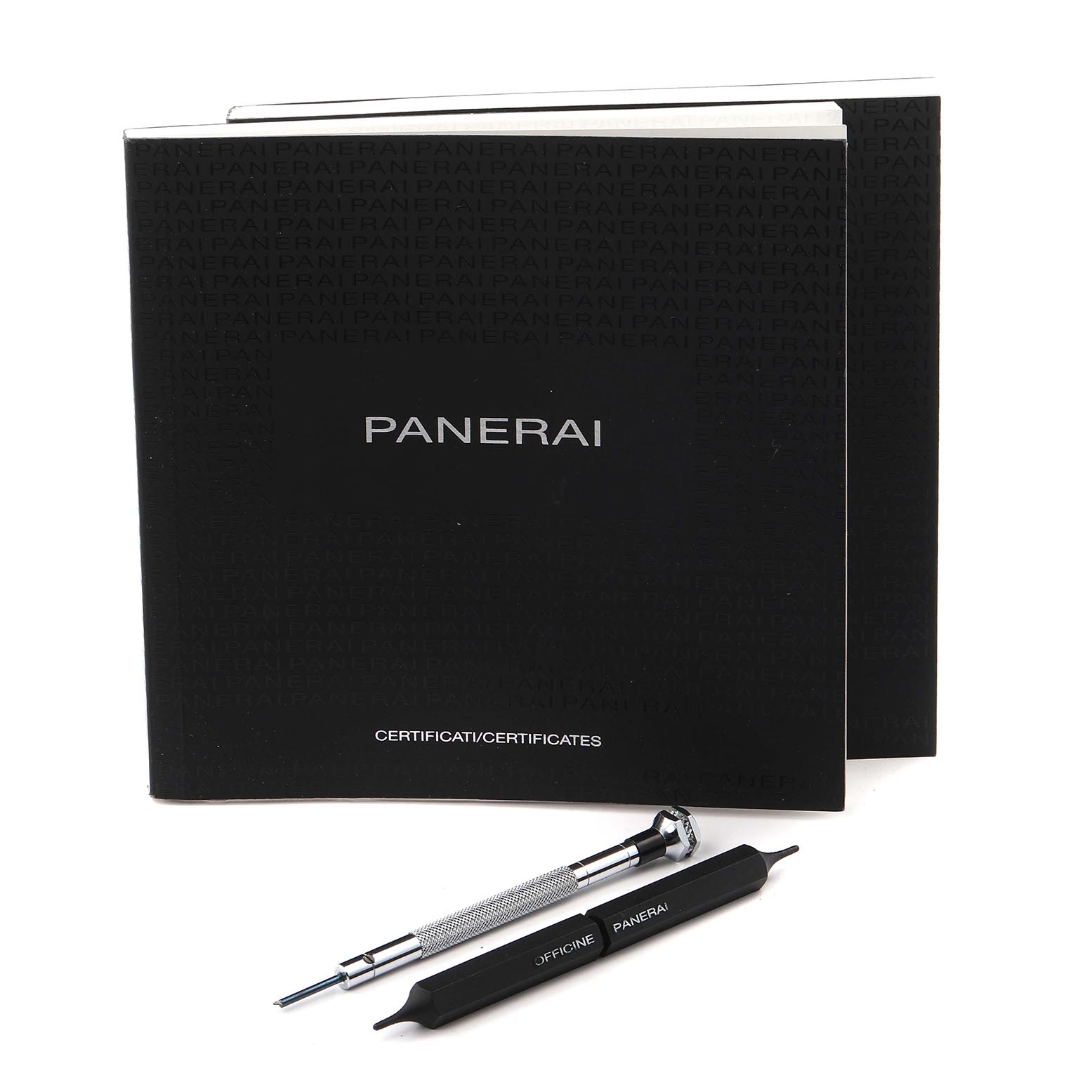 The image shows Panerai Luminor PAM00321 Men's Stainless Steel Black Dial PAM00321 Men's Stainless Steel Black Dial watch accessories including booklets and tools.