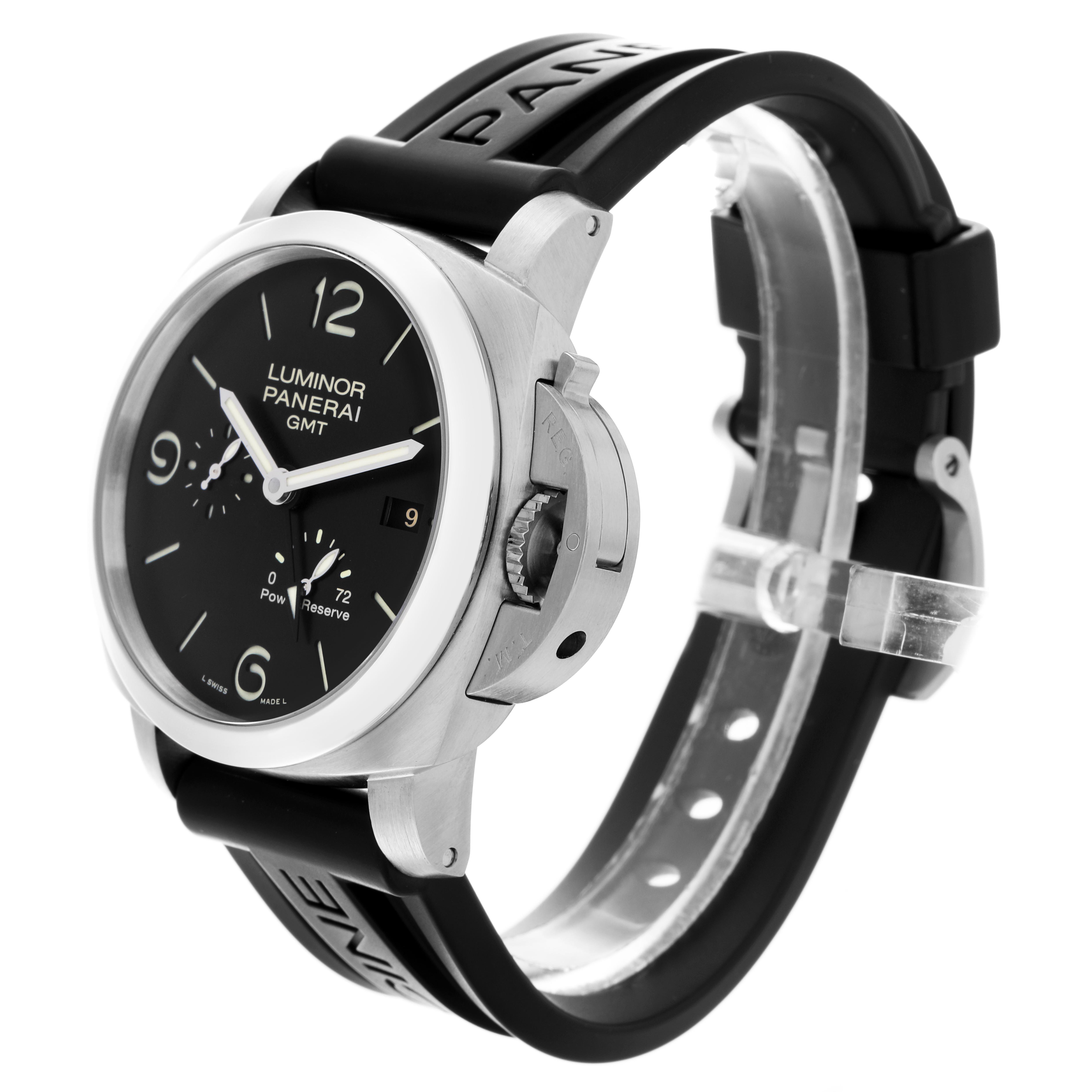 The Panerai Luminor PAM00321 Men's Stainless Steel Black Dial PAM00321 Men's Stainless Steel Black Dial watch is shown at a 3/4 angle, displaying the dial, crown guard, and black rubber strap.