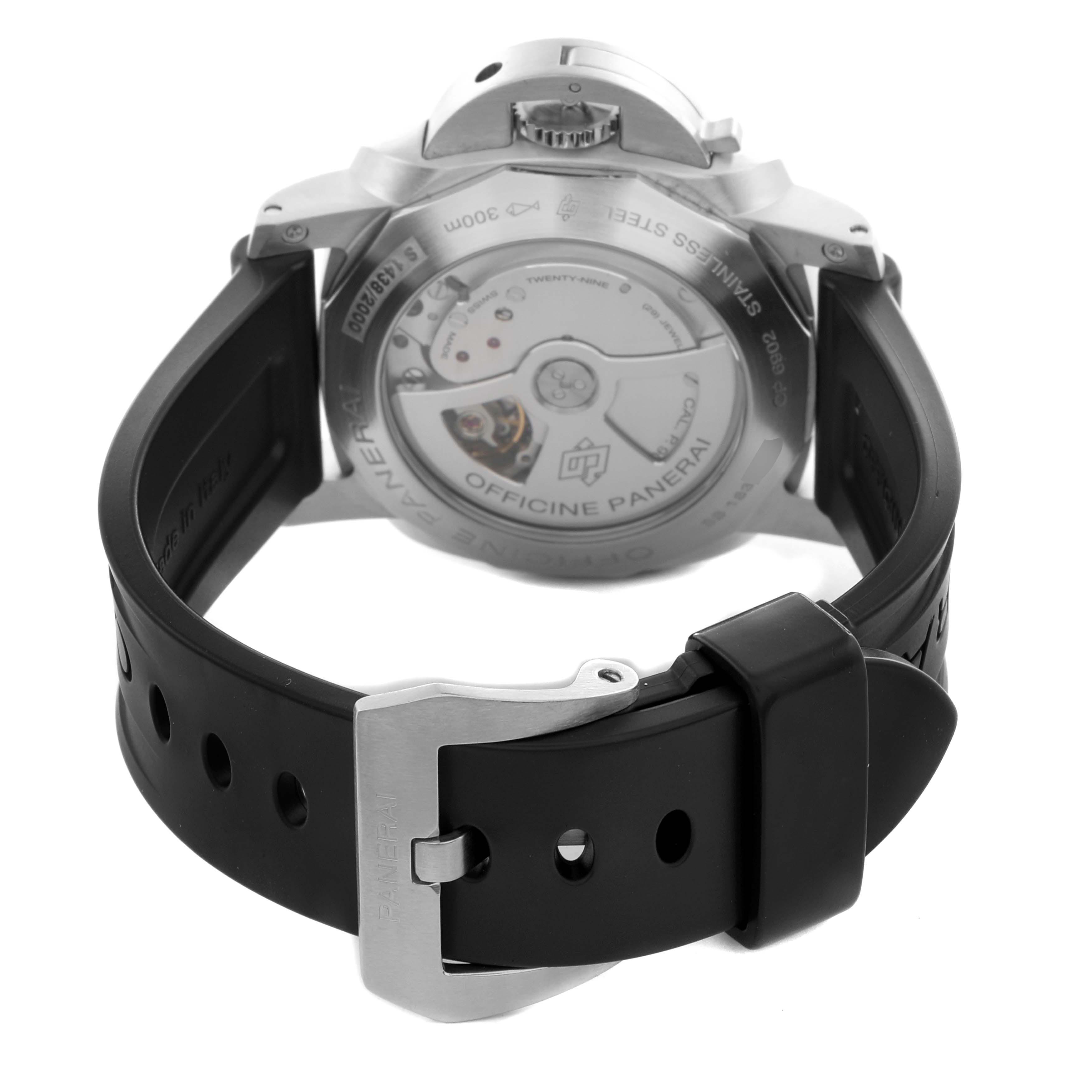 The image shows the back view of a Panerai Luminor PAM00321 Men's Stainless Steel Black Dial PAM00321 Men's Stainless Steel Black Dial watch, highlighting the case back and black rubber strap with the buckle.