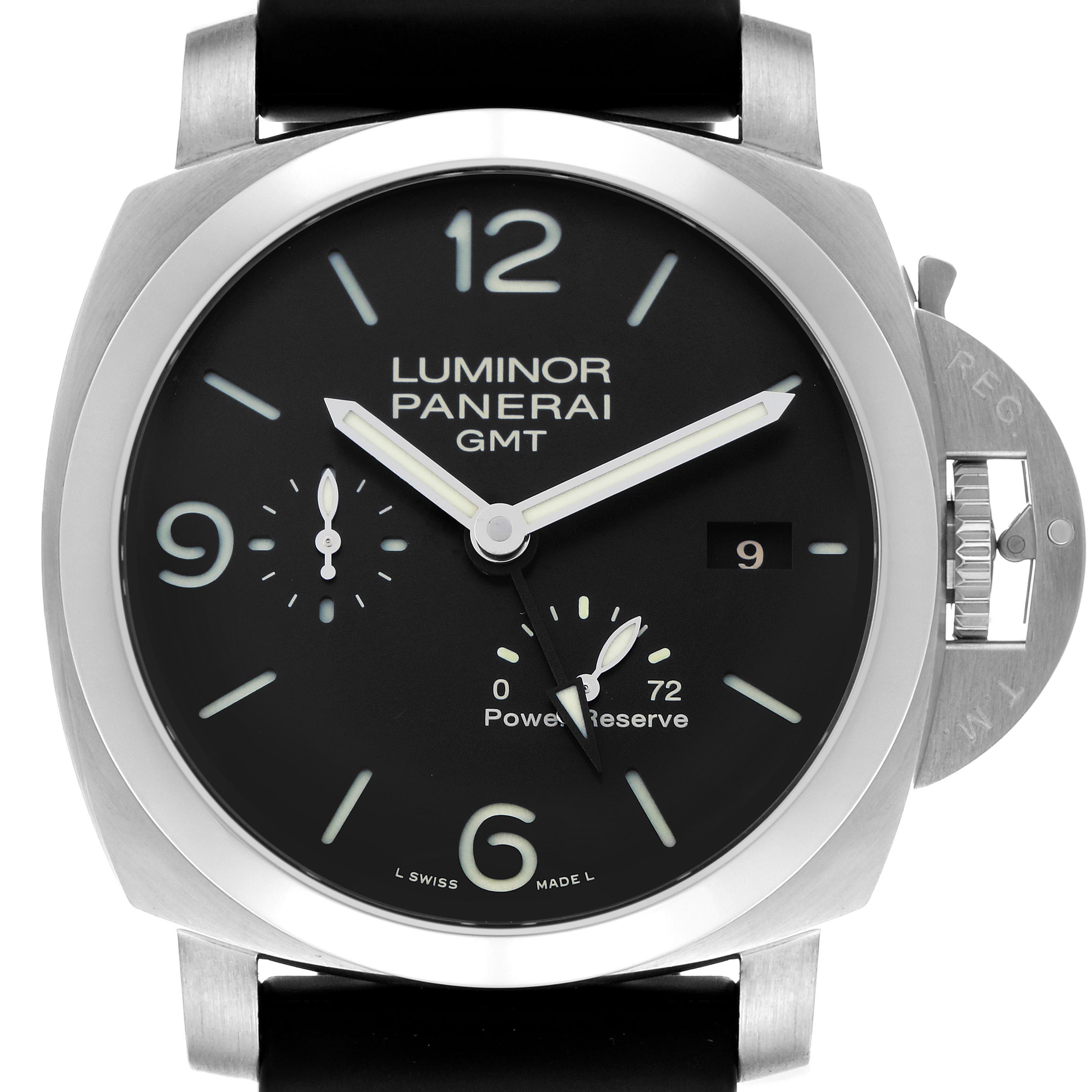 The Panerai Luminor PAM00321 Men's Stainless Steel Black Dial PAM00321 Men's Stainless Steel Black Dial watch is shown from a frontal angle, highlighting the dial, hands, date, and crown guard.