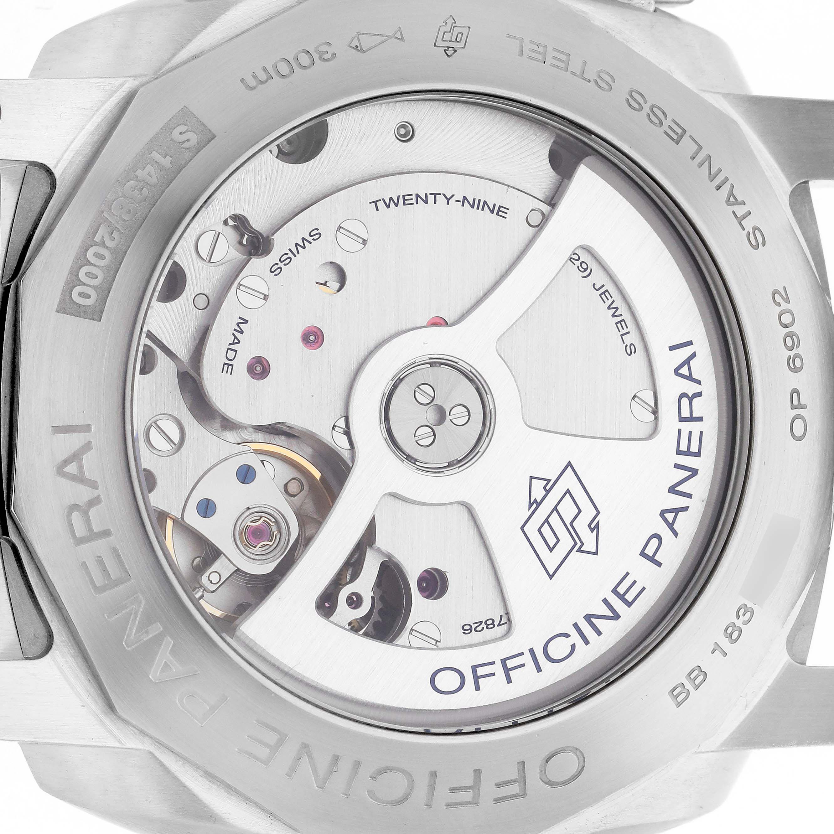 The image shows the back of a Panerai Luminor PAM00321 Men's Stainless Steel Black Dial PAM00321 Men's Stainless Steel Black Dial watch, highlighting its movement and engravings.