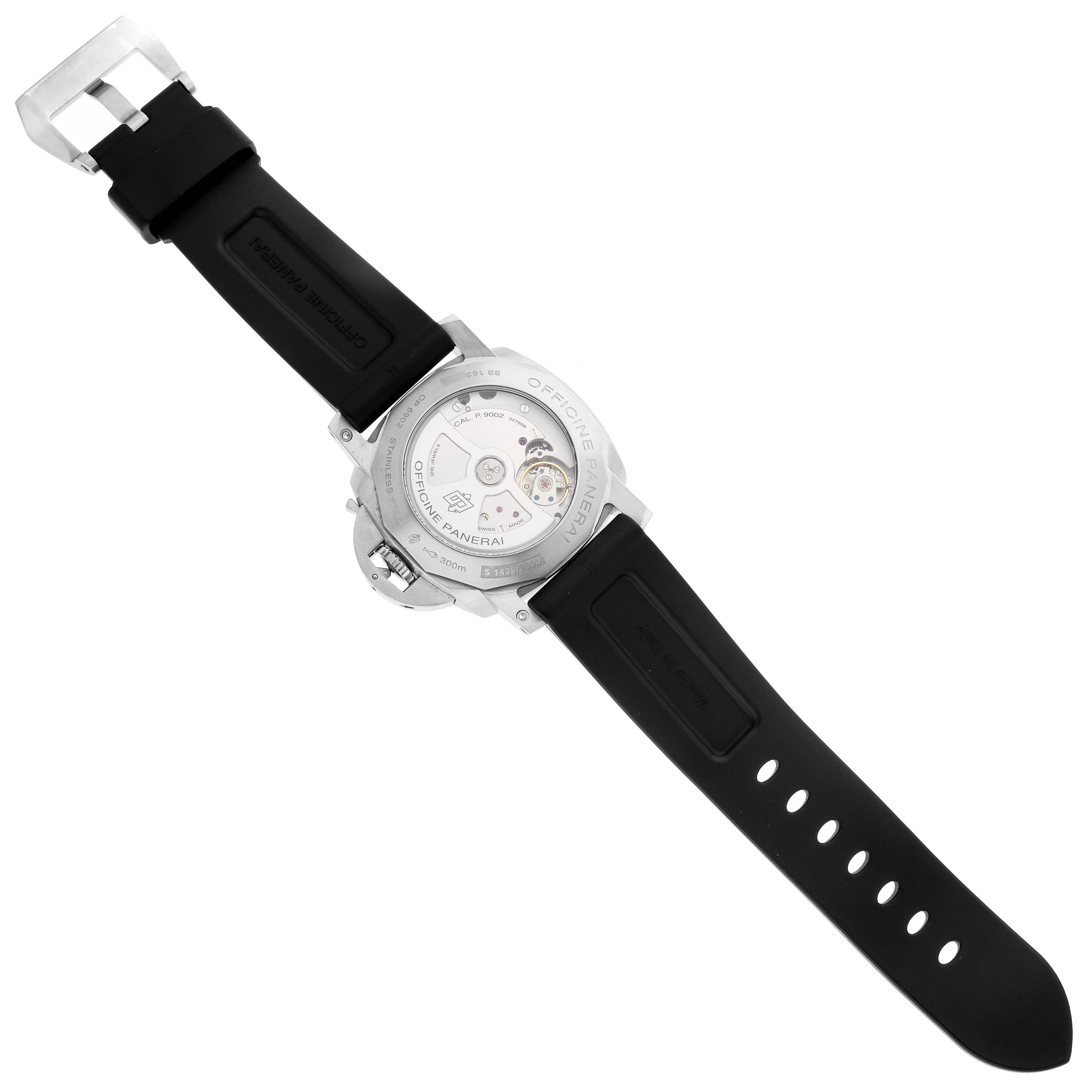 The image shows the back view of a Panerai Luminor PAM00321 Men's Stainless Steel Black Dial PAM00321 Men's Stainless Steel Black Dial watch with a visible movement and black rubber strap.