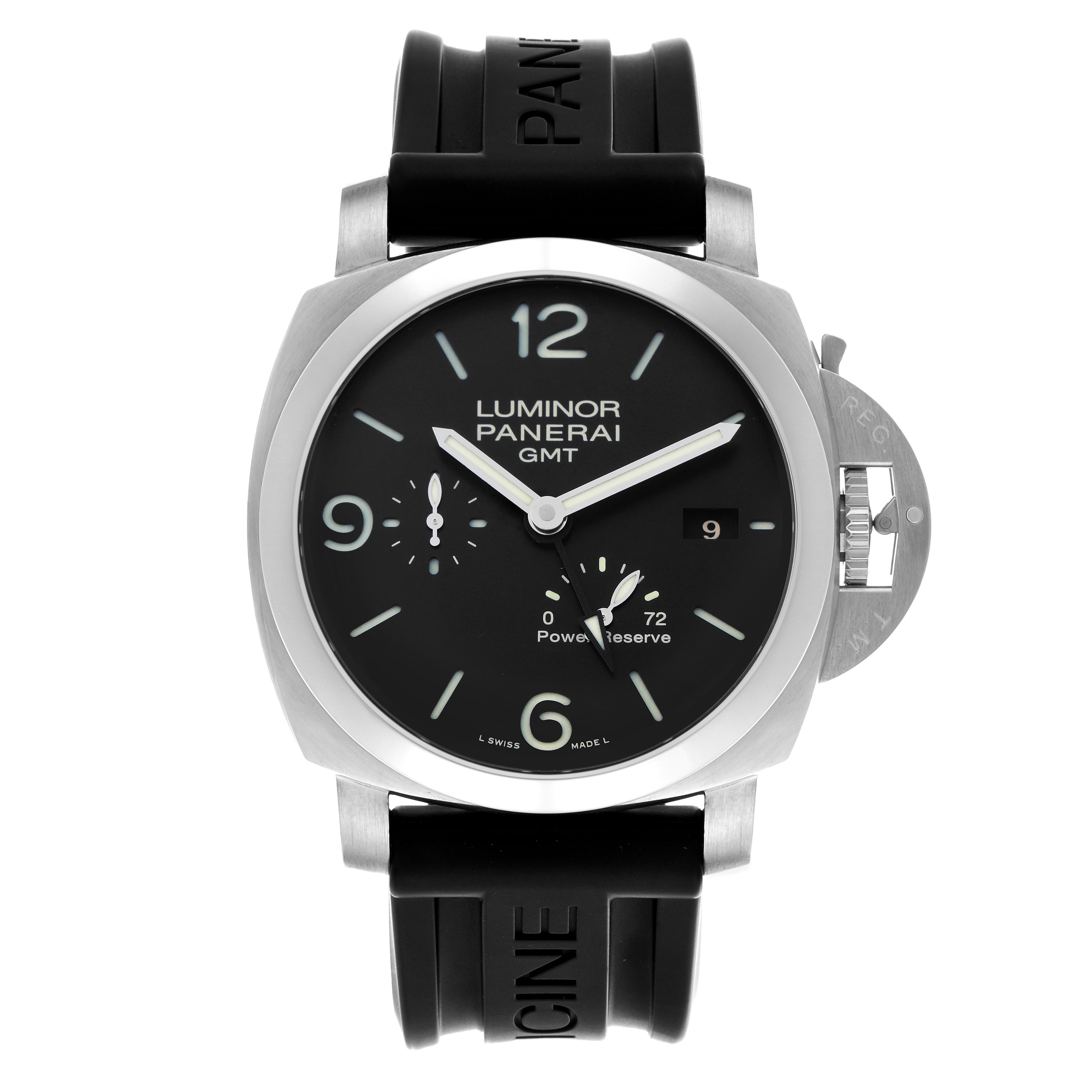 The Panerai Luminor PAM00321 Men's Stainless Steel Black Dial PAM00321 Men's Stainless Steel Black Dial watch is shown from a front angle, highlighting the dial, crown guard, and rubber strap.