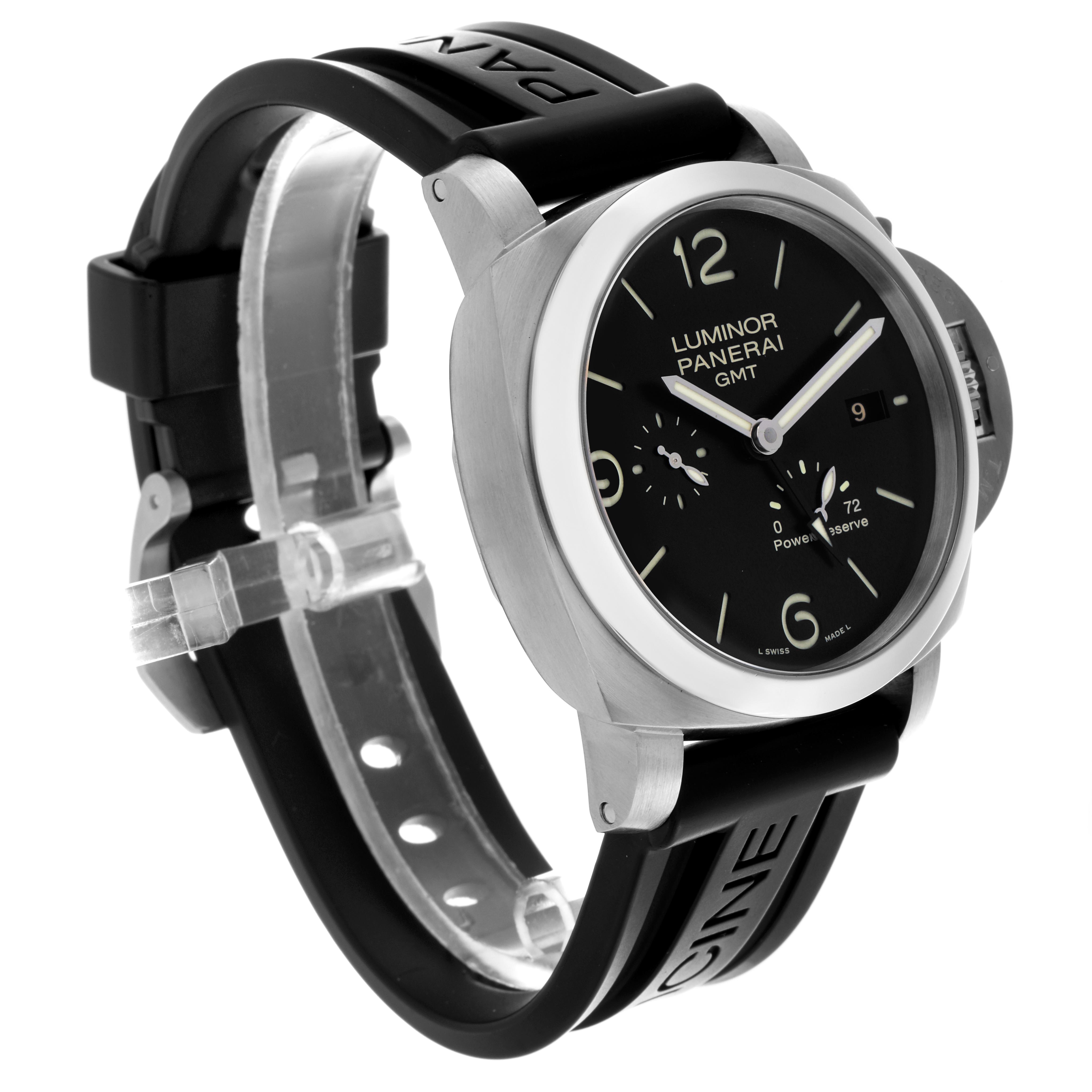 The Panerai Luminor PAM00321 Men's Stainless Steel Black Dial PAM00321 Men's Stainless Steel Black Dial watch is shown at a three-quarter angle, highlighting the face, dial, and rubber strap details.
