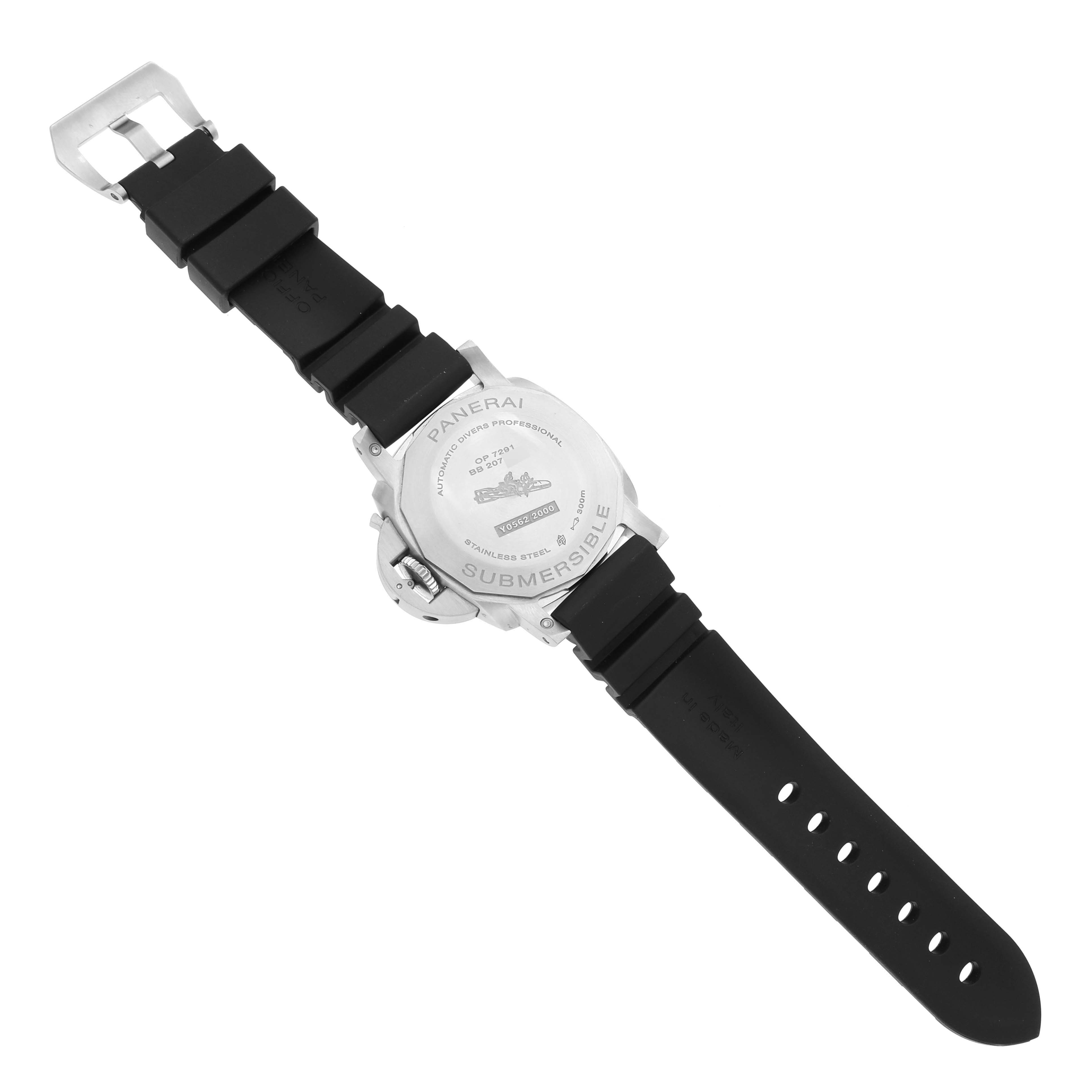 The image shows the back case and rubber strap of the Panerai Submersible PAM02223 Men's Stainless Steel White Dial PAM02223 Men's Stainless Steel White Dial watch from a top-down angle.