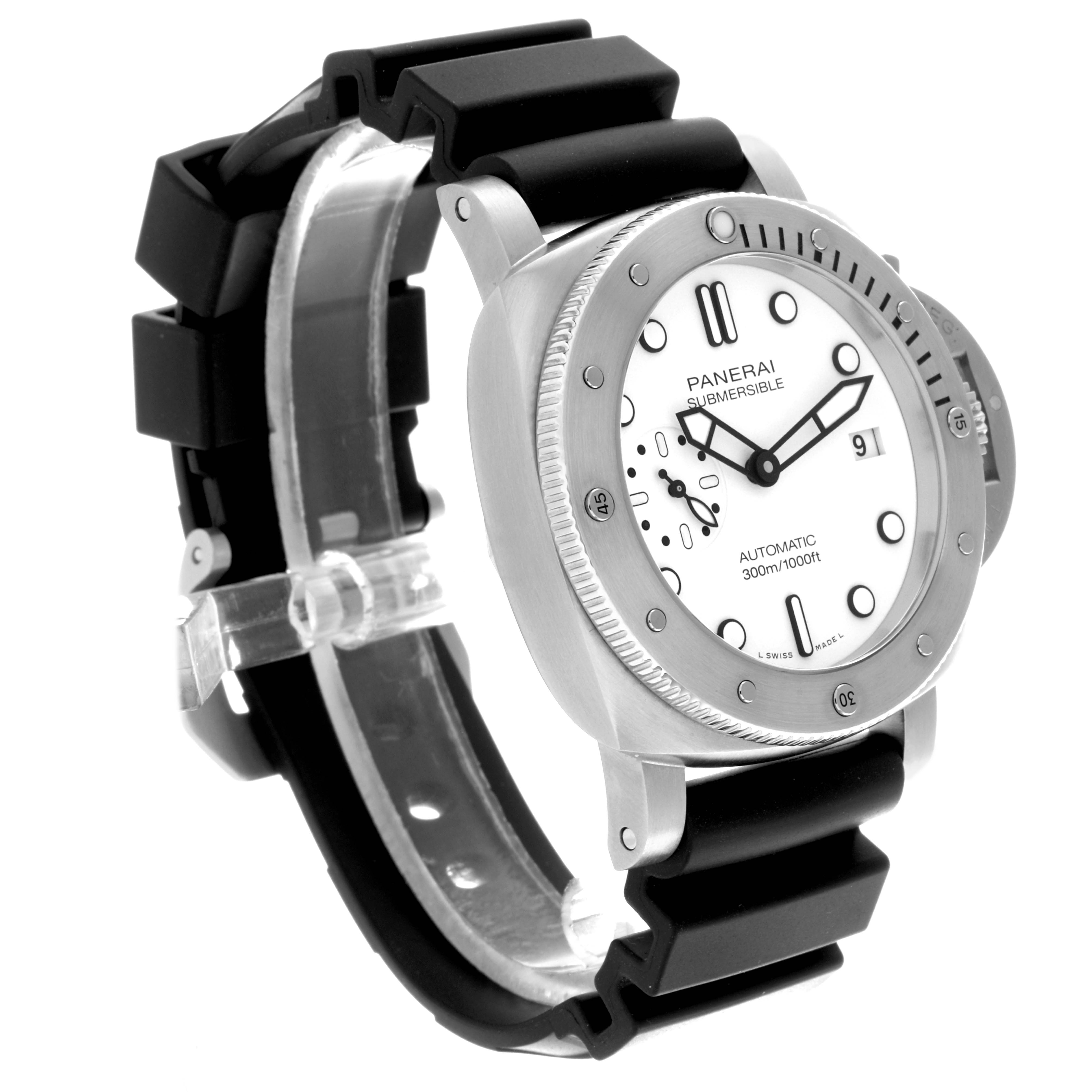The Panerai Submersible PAM02223 Men's Stainless Steel White Dial PAM02223 Men's Stainless Steel White Dial watch is shown from a side angle, displaying the dial, bezel, and rubber strap.