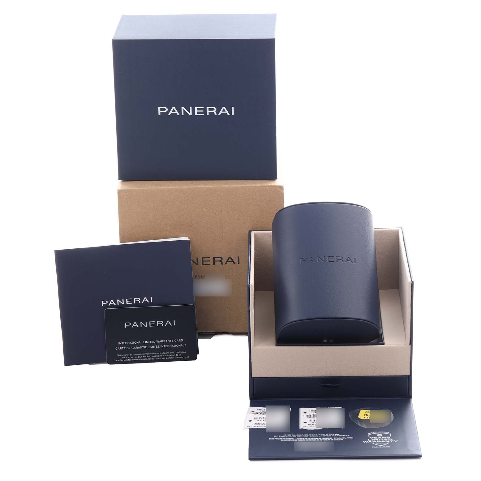 The image shows Panerai Submersible PAM02223 Men's Stainless Steel White Dial PAM02223 Men's Stainless Steel White Dial packaging with a box, case, warranty card, and booklets, viewed from a front angle.