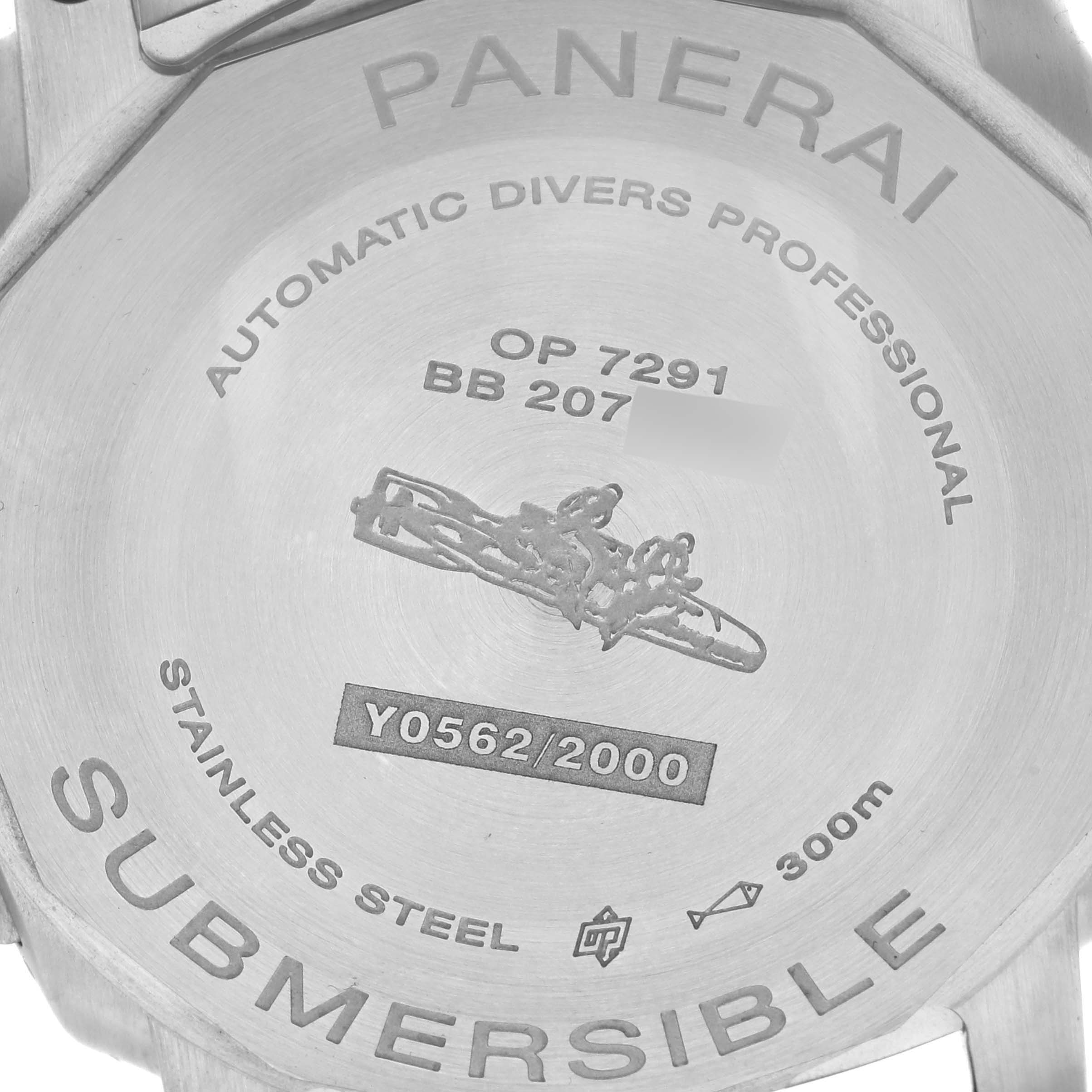 The image shows the case back of a Panerai Submersible PAM02223 Men's Stainless Steel White Dial PAM02223 Men's Stainless Steel White Dial watch, highlighting engravings and specifications.