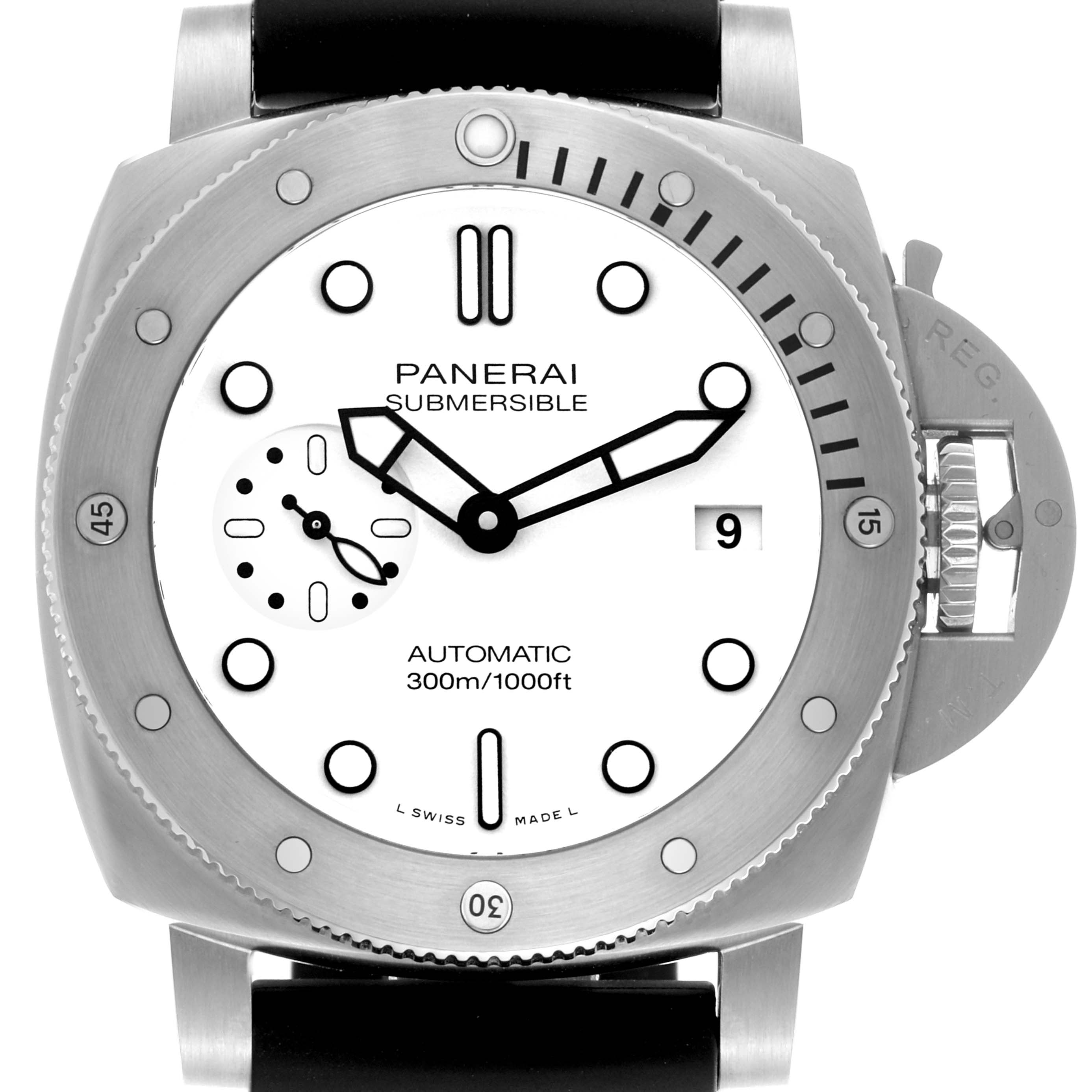 The Panerai Submersible PAM02223 Men's Stainless Steel White Dial PAM02223 Men's Stainless Steel White Dial watch is shown from the front, displaying its face, bezel, crown guard, and black strap.