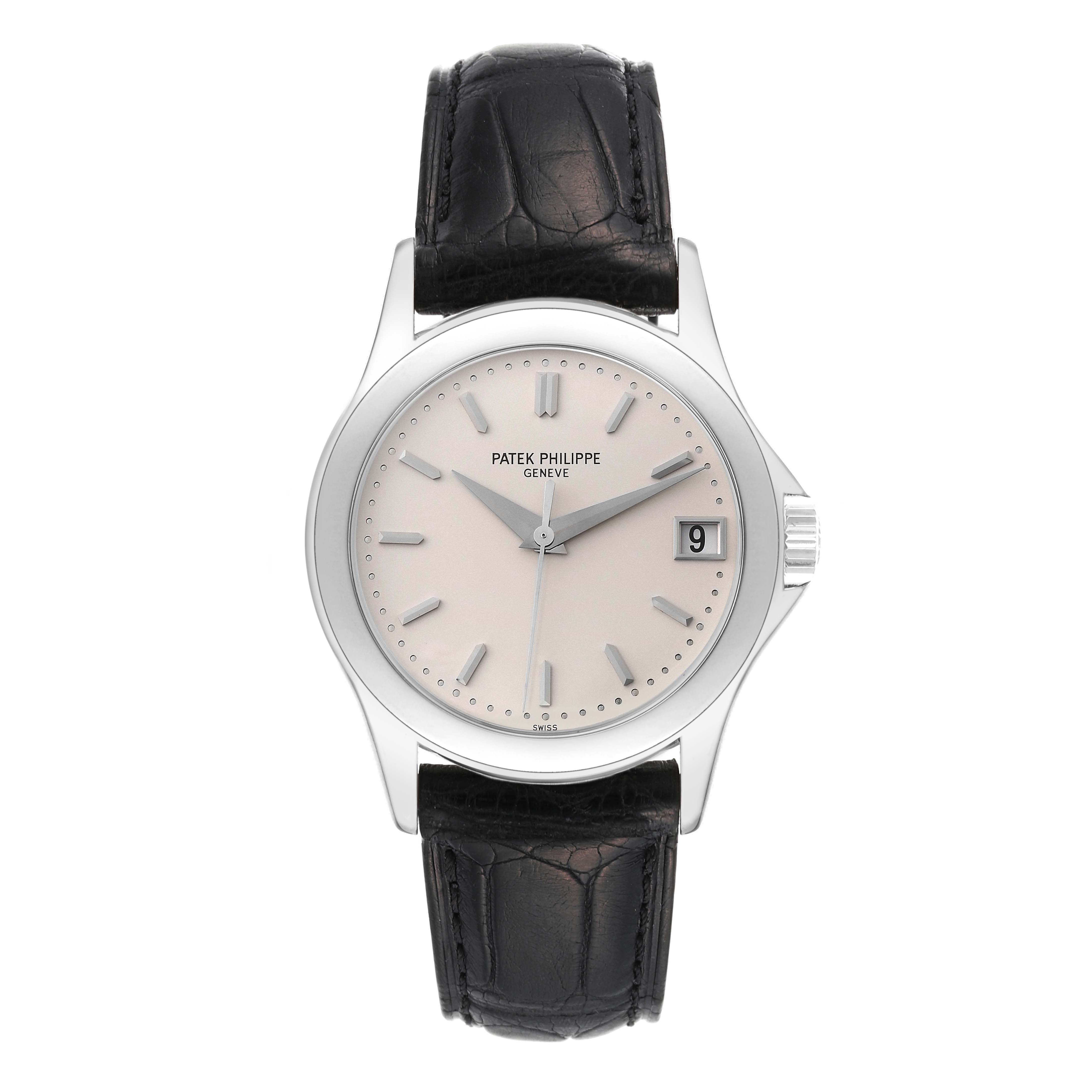 This image shows a front view of the Patek Philippe Calatrava 5107G Men's White Gold Silver Dial 5107G Men's White Gold Silver Dial watch, featuring a silver dial, black leather strap, and date window.