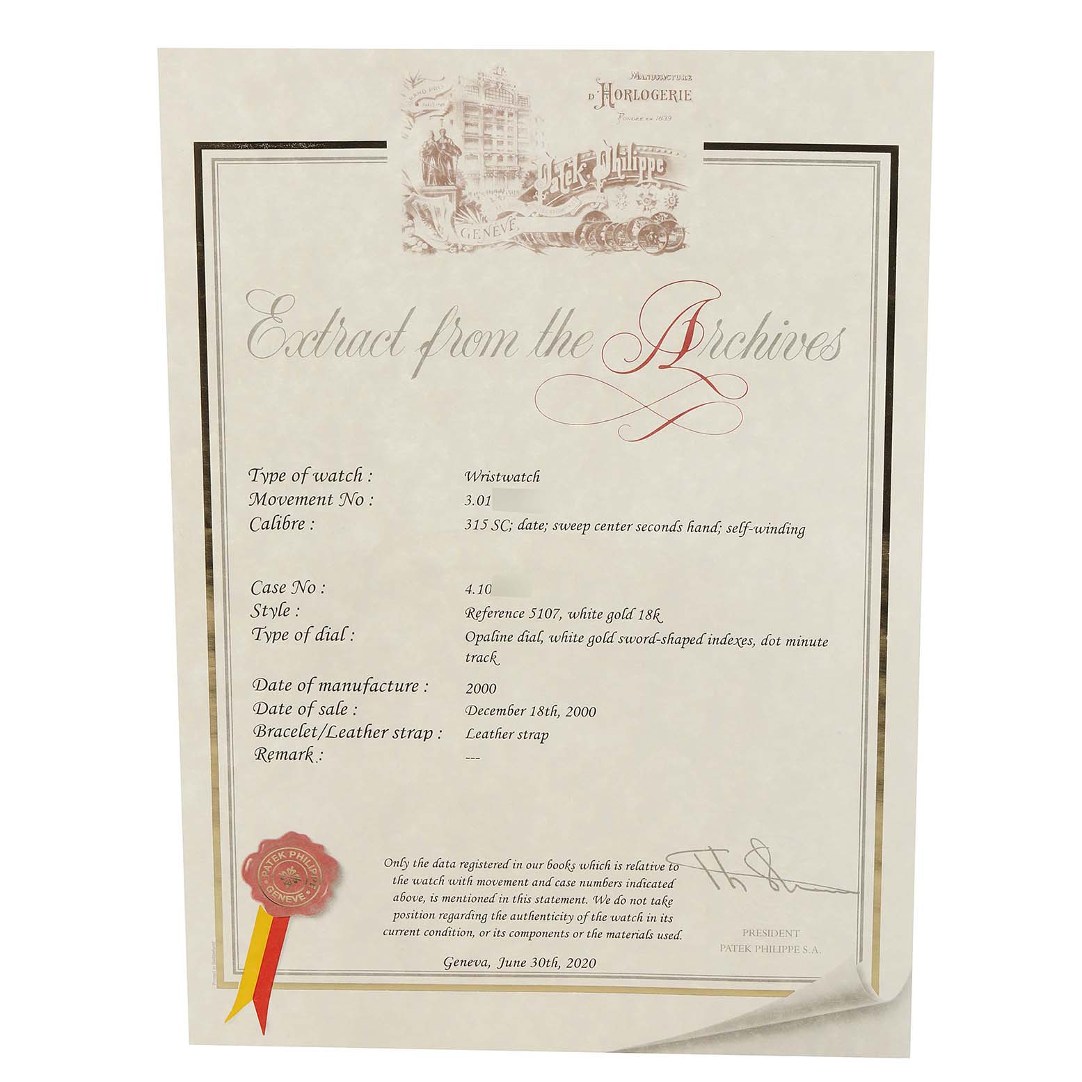 This image shows a certificate of authenticity for a Patek Philippe Calatrava 5107G Men's White Gold Silver Dial 5107G Men's White Gold Silver Dial watch, detailing its specifications and history.