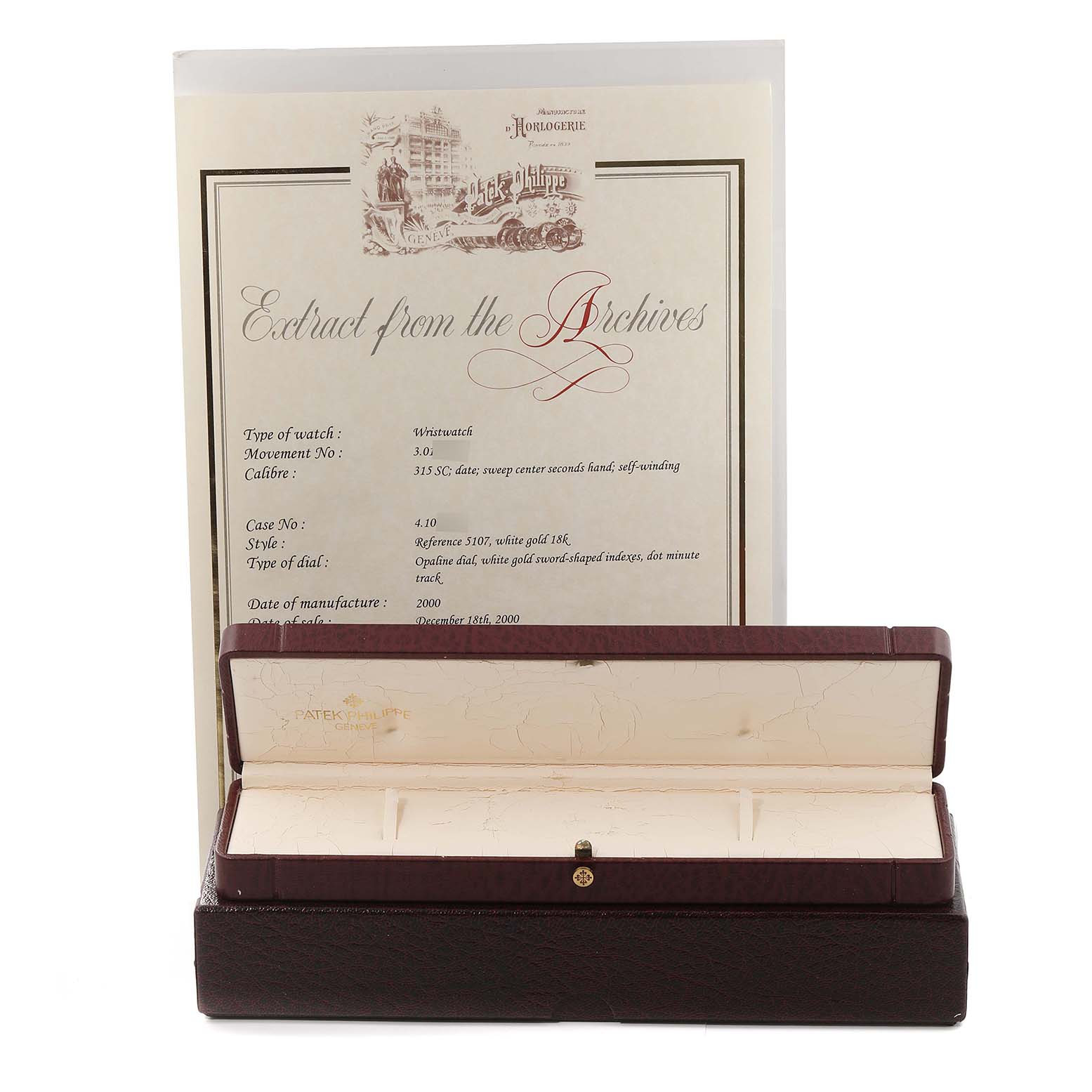 The image shows the open box and certificate for Patek Philippe's Calatrava model watch.
