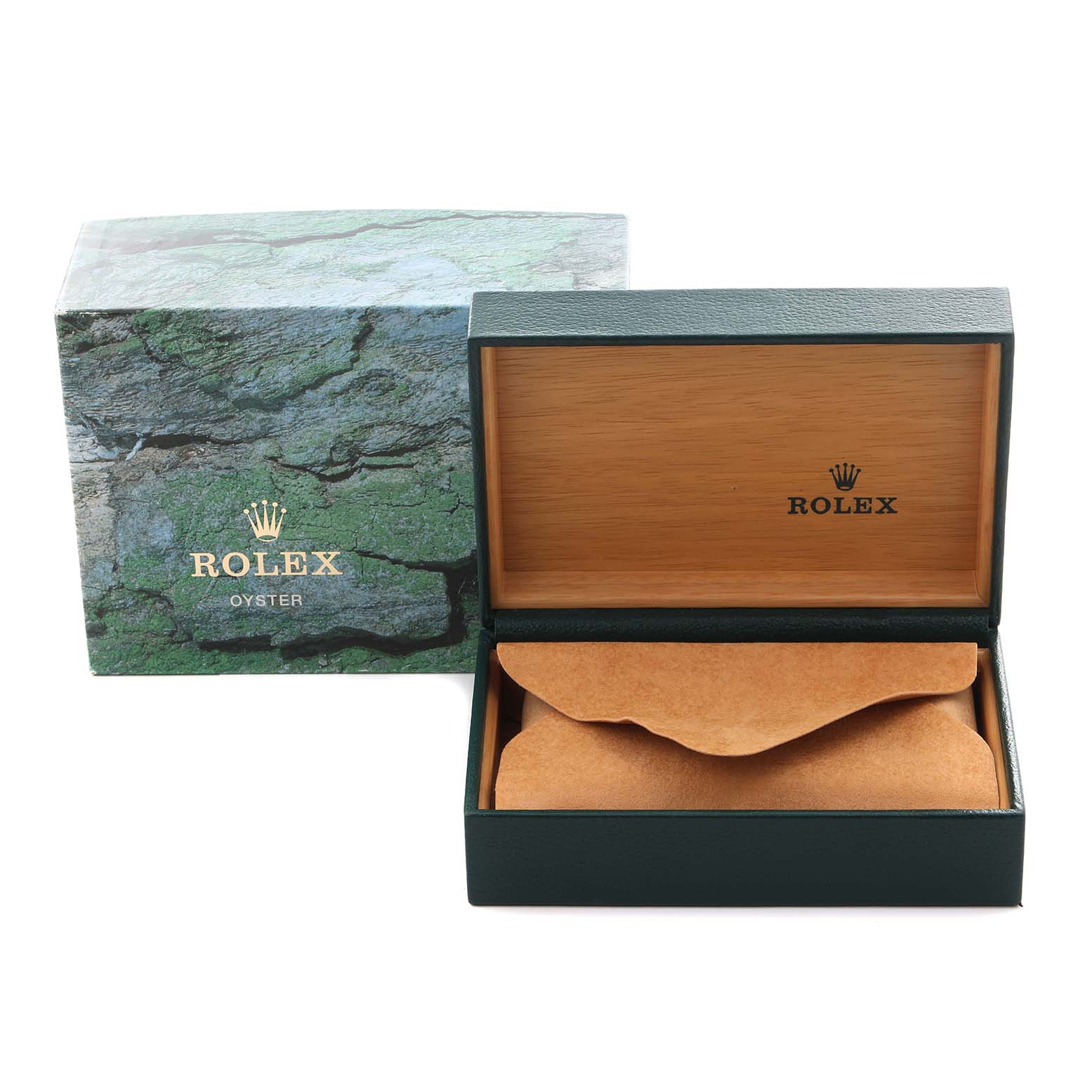 The image shows a Rolex Air-King 14000 Men's Stainless Steel Black Dial 14000 Men's Stainless Steel Black Dial box and packaging, including an outer box and an inner watch box with a brown pouch inside.