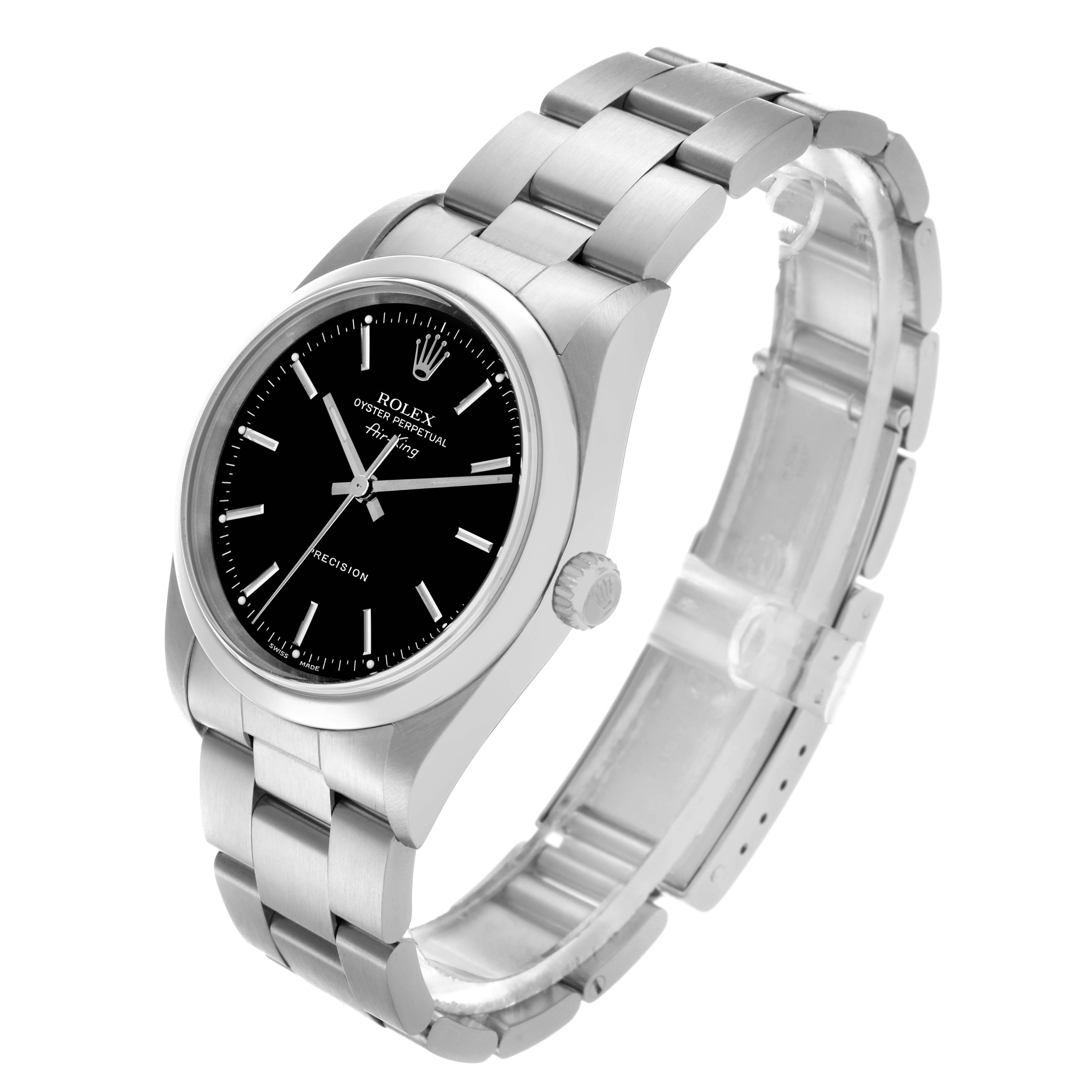 The Rolex Air-King 14000 Men's Stainless Steel Black Dial 14000 Men's Stainless Steel Black Dial watch is shown at a three-quarter angle, displaying the face, crown, and bracelet.