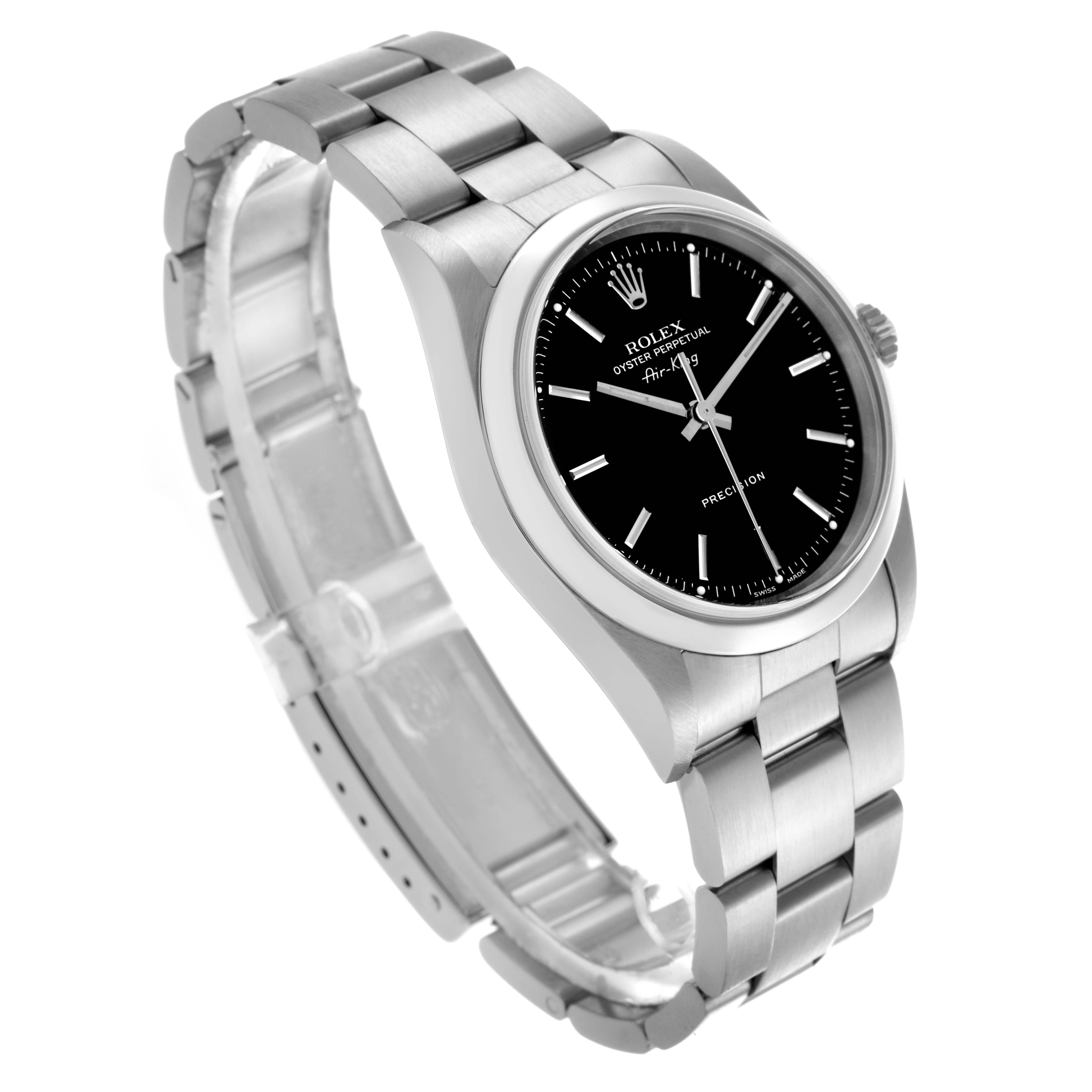 The Rolex Air-King 14000 Men's Stainless Steel Black Dial 14000 Men's Stainless Steel Black Dial watch is shown at a three-quarter angle, displaying the bracelet, case, and black dial.