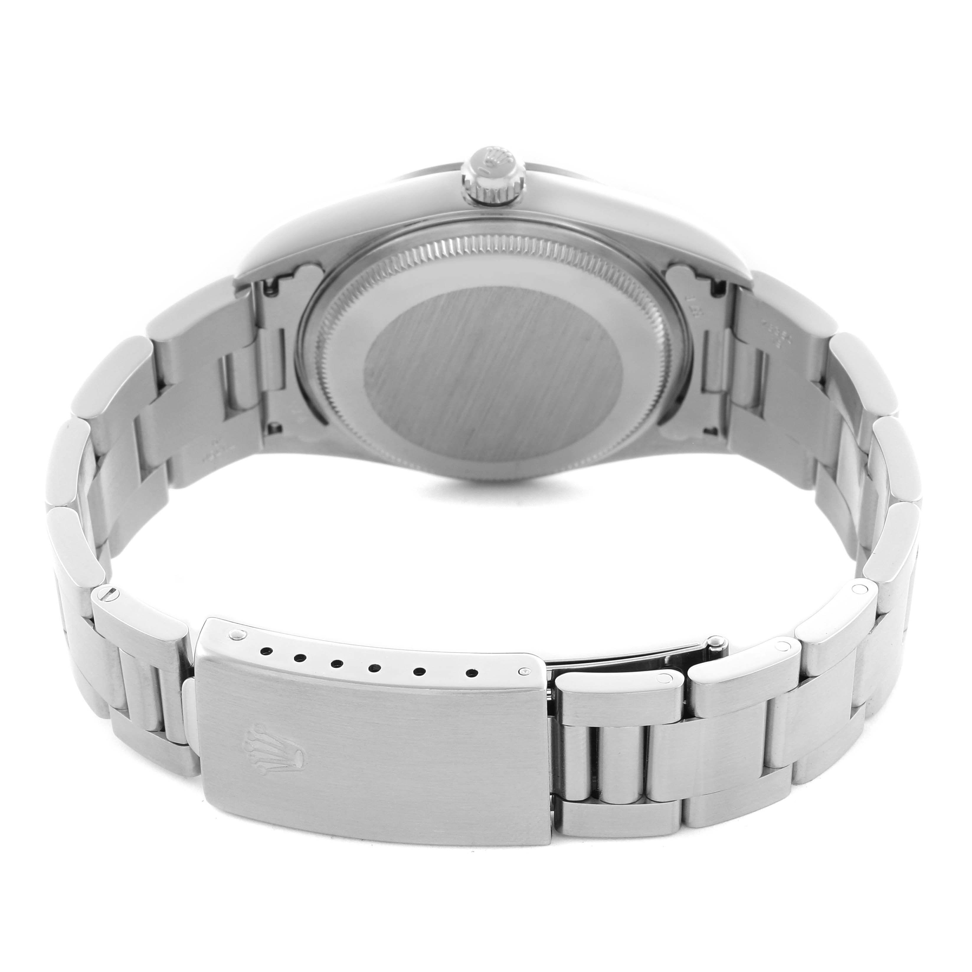 The image shows the back of a Rolex Air-King 14000 Men's Stainless Steel Black Dial 14000 Men's Stainless Steel Black Dial watch, highlighting the case back, bracelet, and clasp.