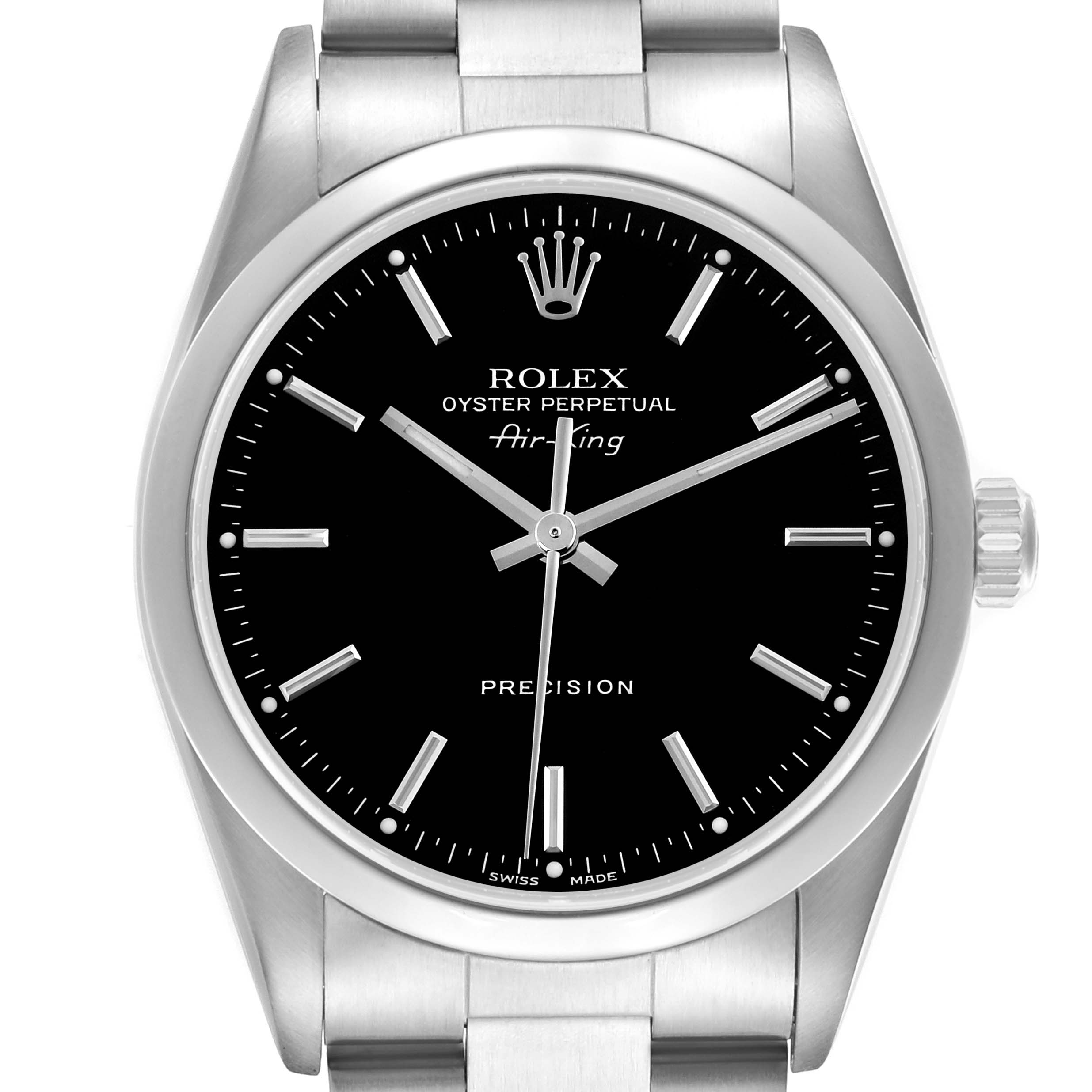 The Rolex Air-King 14000 Men's Stainless Steel Black Dial 14000 Men's Stainless Steel Black Dial watch is shown from a front view, displaying the bracelet and full black dial.