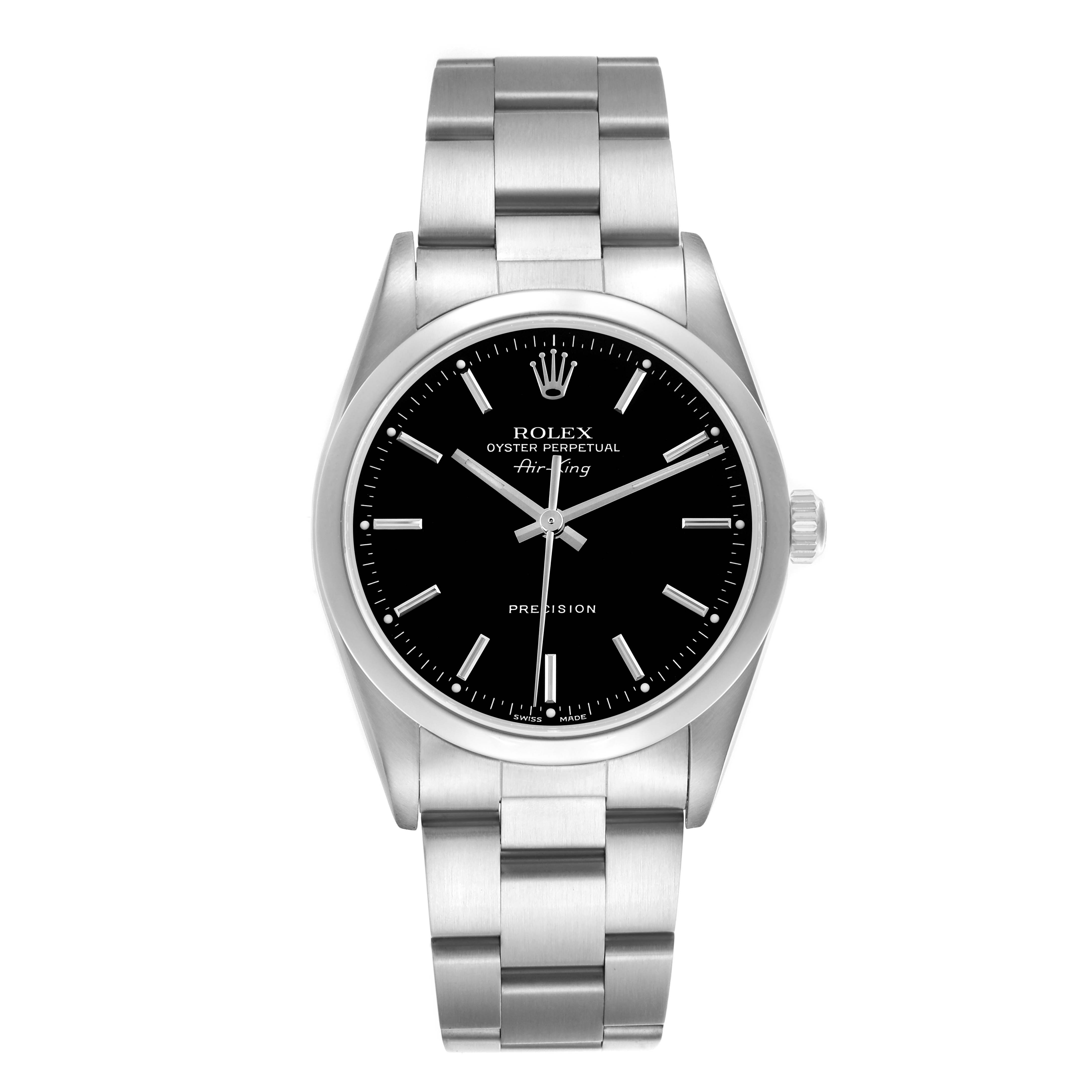 The Rolex Air-King 14000 Men's Stainless Steel Black Dial 14000 Men's Stainless Steel Black Dial watch is shown from a front angle, displaying its face, bezel, and bracelet.