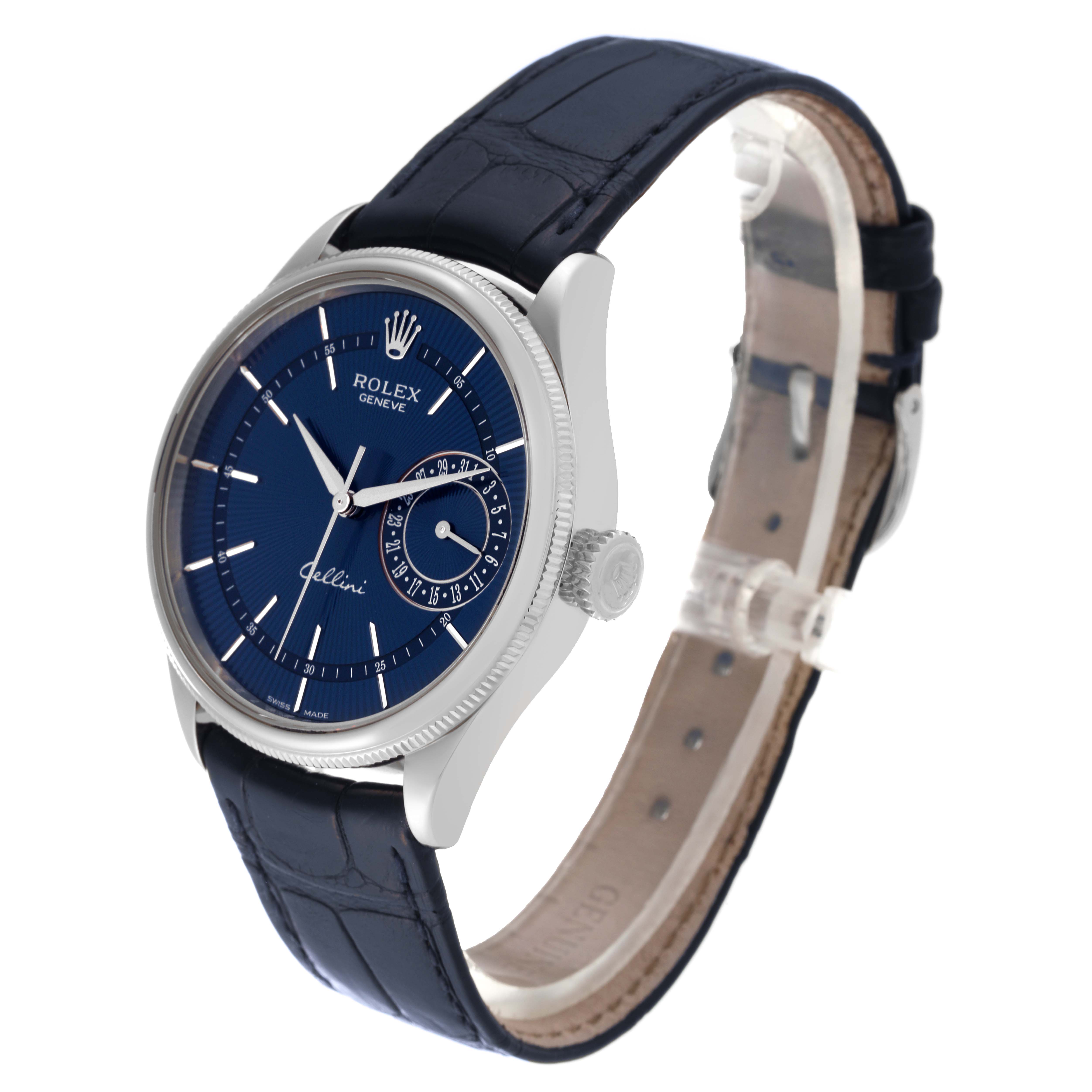 The Rolex Cellini 50519 Men
s White Gold Blue Dial 50519 Men
s White Gold Blue Dial watch is shown at a three-quarter angle, highlighting its blue dial, crown, and leather strap.