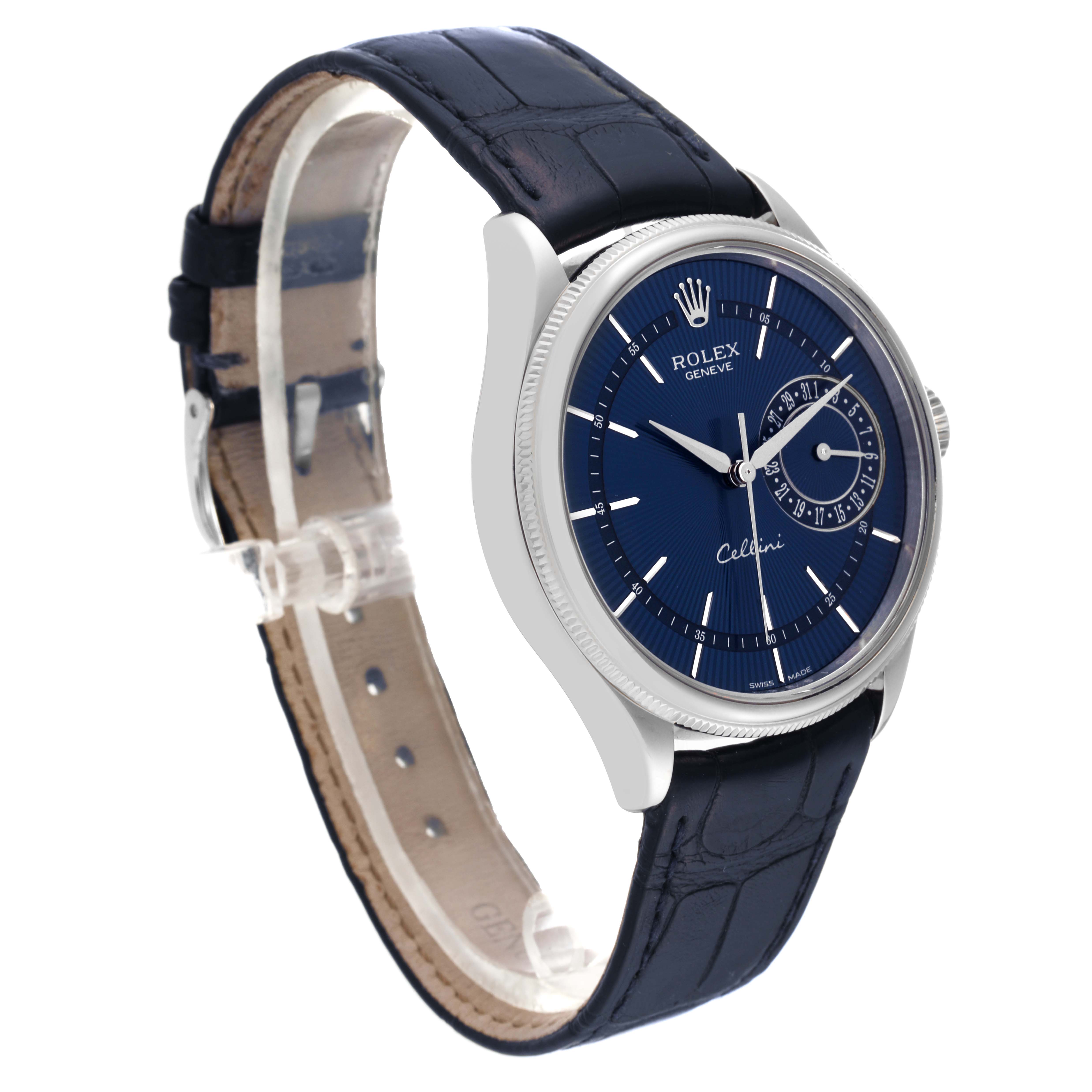 The image displays a Rolex Cellini 50519 Men
s White Gold Blue Dial 50519 Men
s White Gold Blue Dial watch at a slightly tilted side angle, showing the dial, case, and strap.