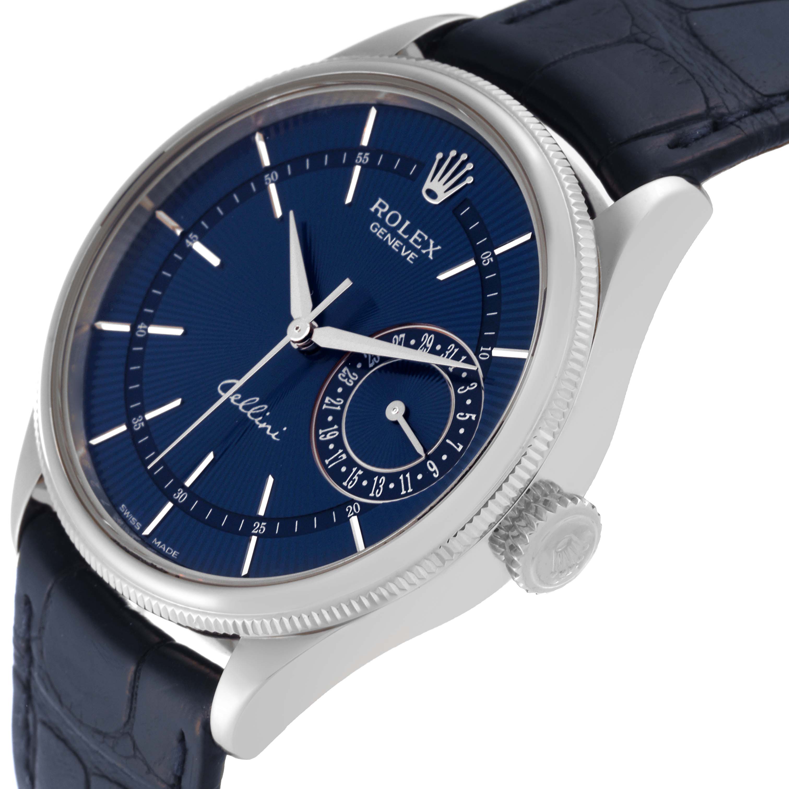 The Rolex Cellini 50519 Men
s White Gold Blue Dial 50519 Men
s White Gold Blue Dial watch is shown at an angle displaying the face, crown, and part of the strap.